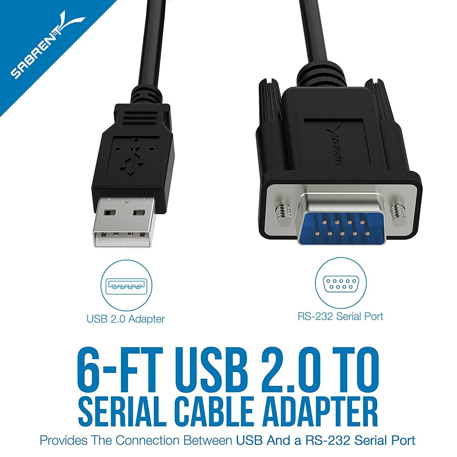 SABRENT USB 2.0 to Serial (9-Pin) DB-9 RS-232 Adapter Cable 6ft Cable [FTDI Chipset] (CB-FTDI) 6 Ft FTDI - Image 2