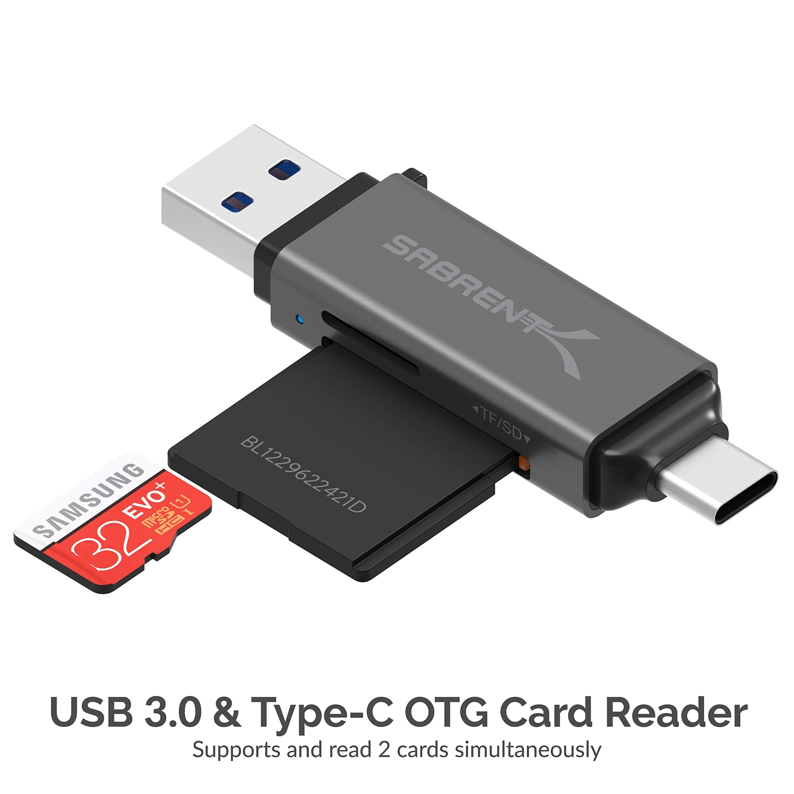 SABRENT USB 3.0 and USB Type-C OTG Card Reader Supports SD, SDHC, SDXC, MMC/MicroSD, T-Flash (CR-BCA2) 2-Slot USB A & C - Image 2