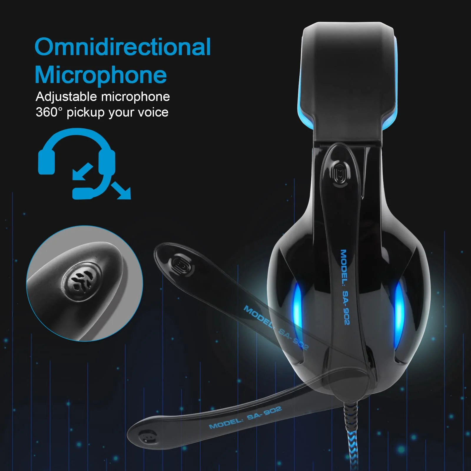 SADES SA902 Stereo Gaming Headset 7.1 USB Surround Sound PC Headsets Over-Ear Gaming Headphones with Microphone LED Light Black Blue - Image 4