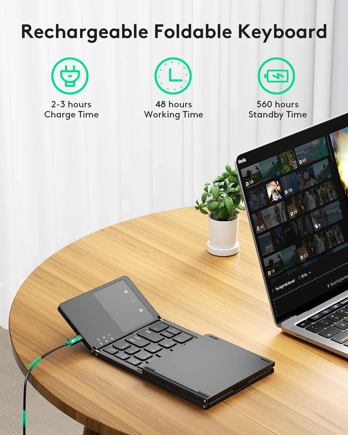Samsers Foldable Bluetooth Keyboard with Touchpad - Portable Wireless Keyboard with Holder, Rechargeable Full Size Ultra Slim Pocket Folding Keyboard for Android Windows iOS Tablet & Laptop - Black BT x 1 - Image 4