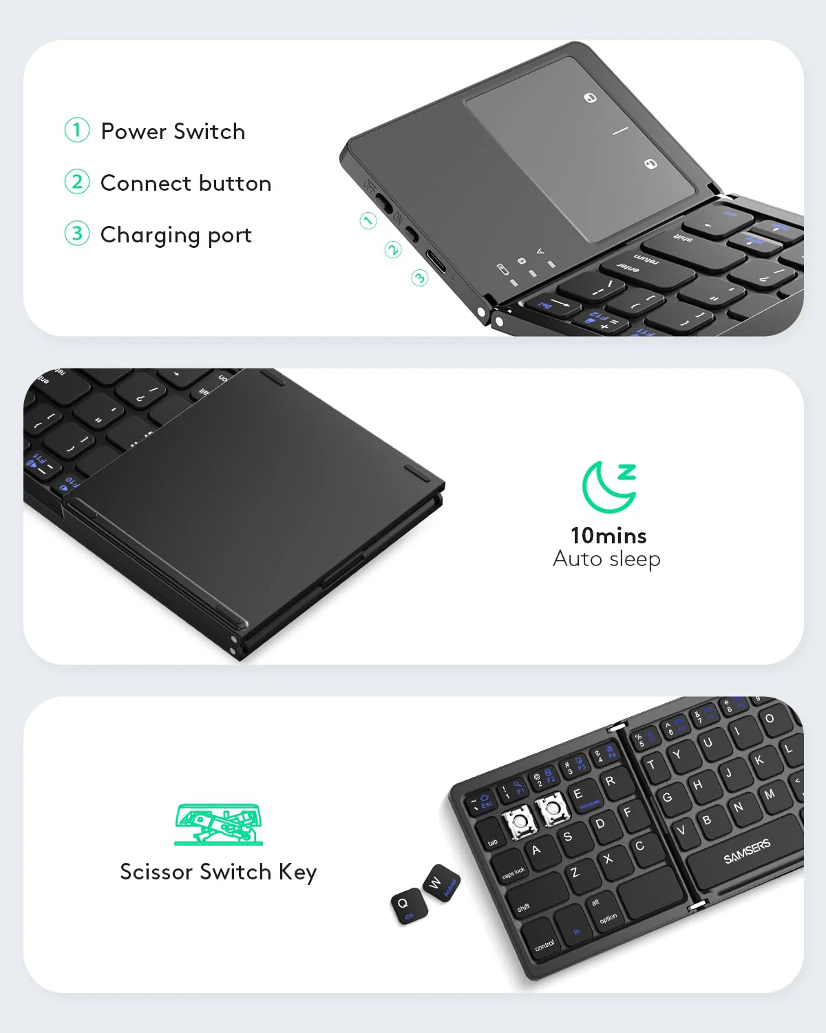 Samsers Foldable Bluetooth Keyboard with Touchpad - Portable Wireless Keyboard with Holder, Rechargeable Full Size Ultra Slim Pocket Folding Keyboard for Android Windows iOS Tablet & Laptop - Black BT x 1 - Image 6