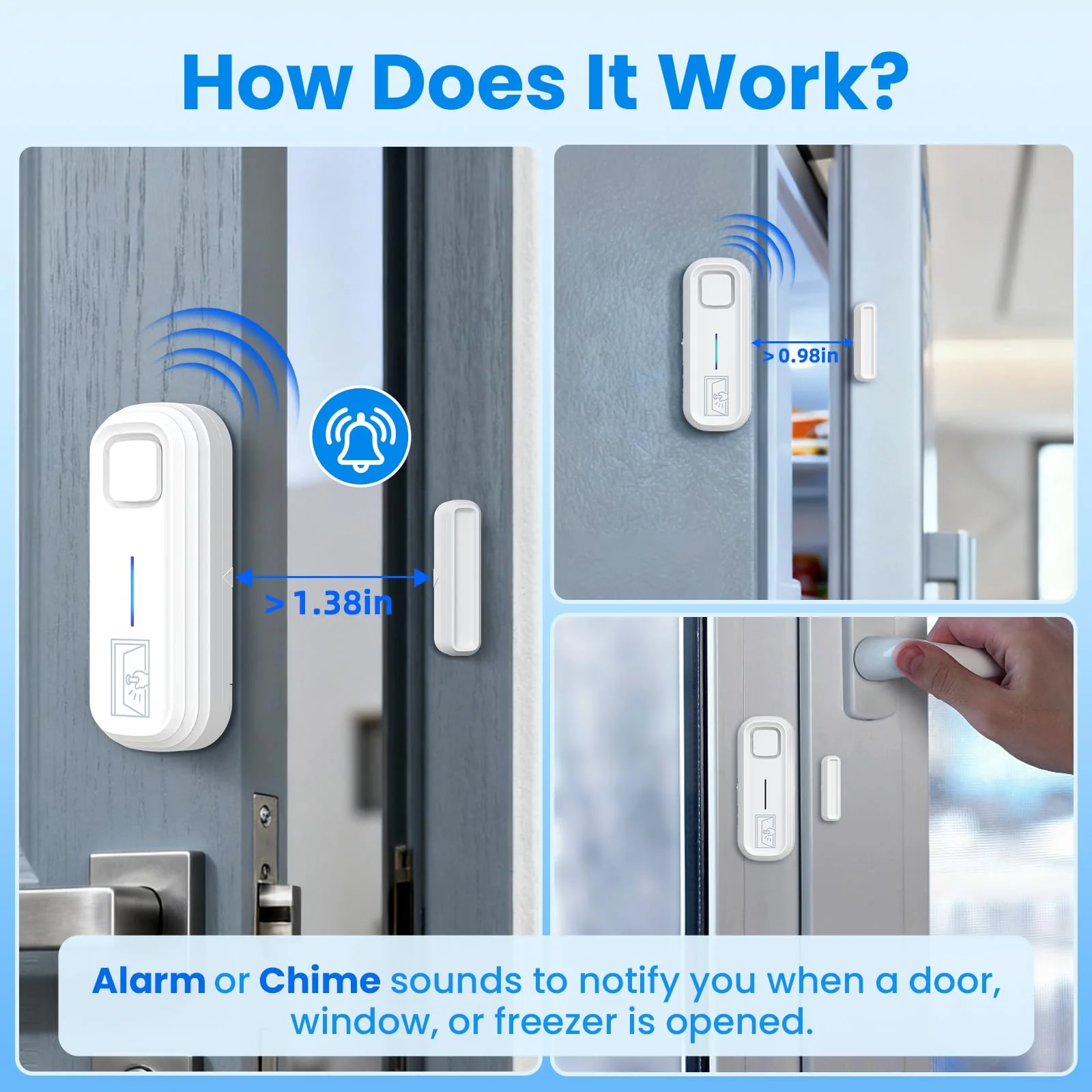 SanJie Door Left Open Alarm with Delay(Instant/30s/1min/2min/4min),Window Fridge Door Alarm for Kids Safety,Volume Adjustment Mute-120dB,2 Tones,5 Modes,Ajar Alert for Freezer Garage Home,3 Sensor 3 Sensors - Image 2