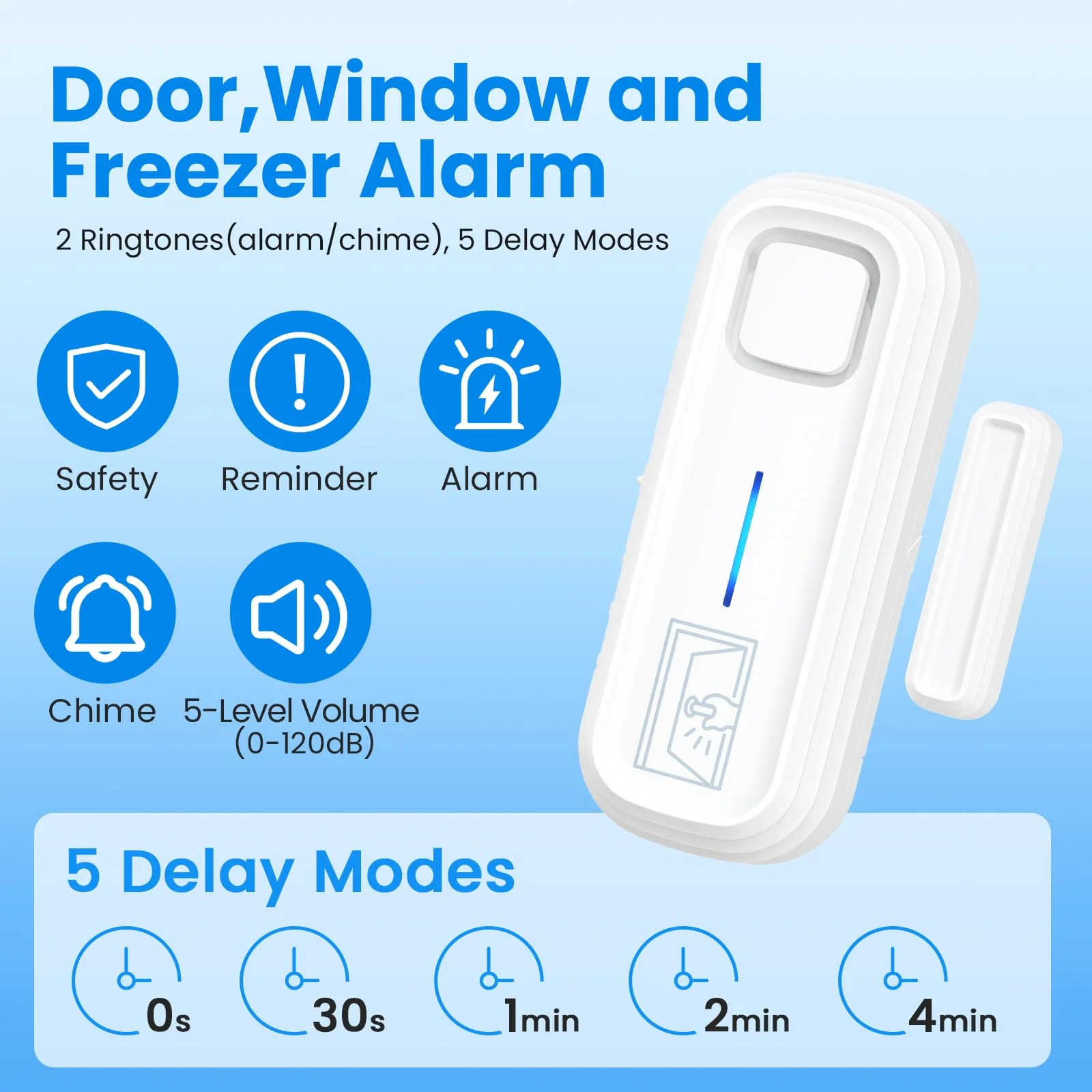 SanJie Door Left Open Alarm with Delay(Instant/30s/1min/2min/4min),Window Fridge Door Alarm for Kids Safety,Volume Adjustment Mute-120dB,2 Tones,5 Modes,Ajar Alert for Freezer Garage Home,3 Sensor 3 Sensors - Image 3