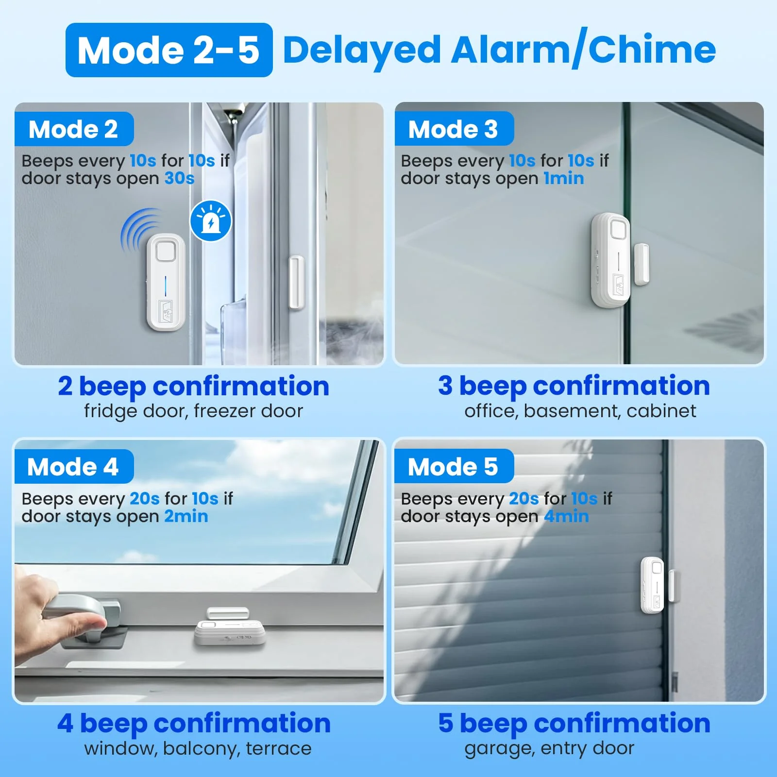 SanJie Door Left Open Alarm with Delay(Instant/30s/1min/2min/4min),Window Fridge Door Alarm for Kids Safety,Volume Adjustment Mute-120dB,2 Tones,5 Modes,Ajar Alert for Freezer Garage Home,3 Sensor 3 Sensors - Image 6