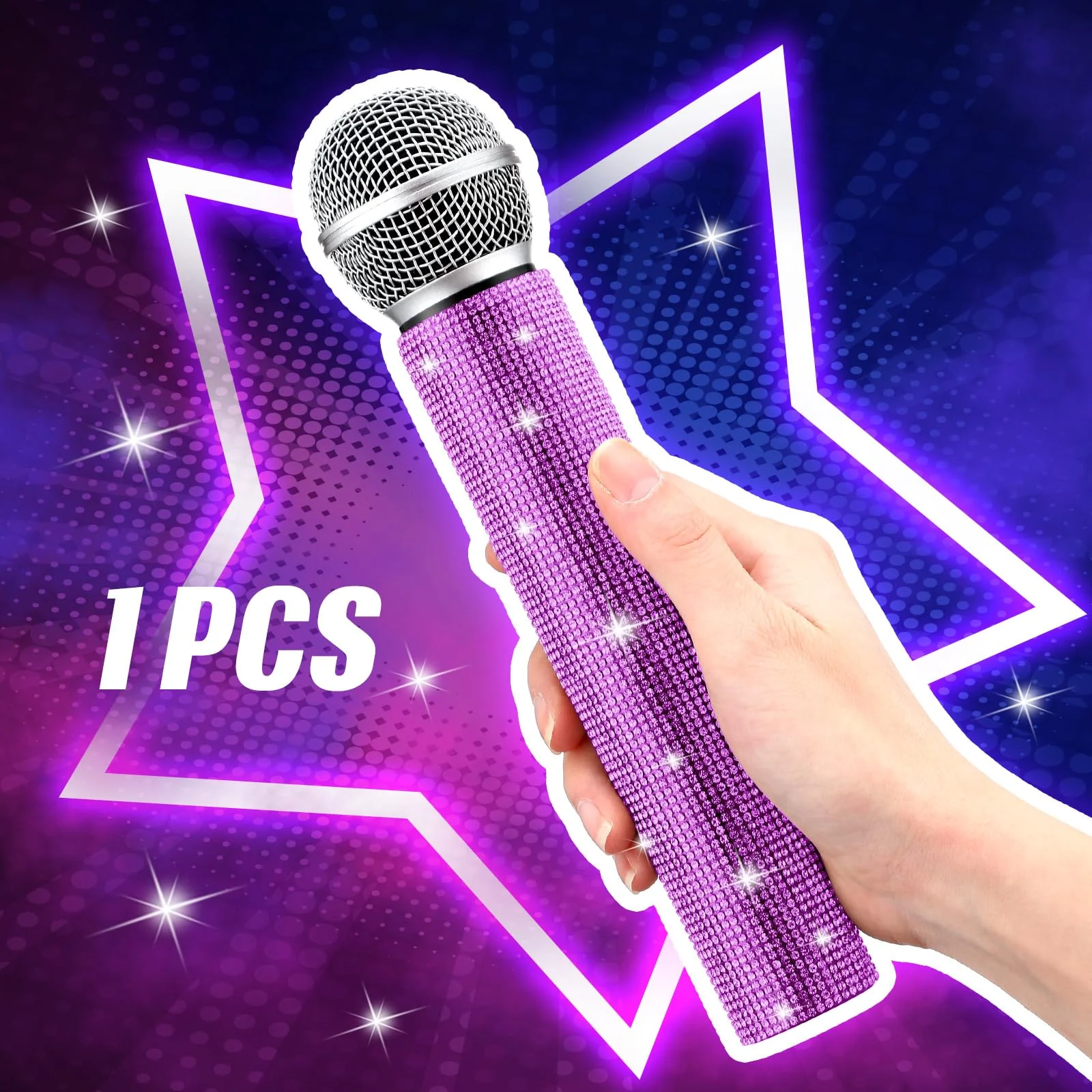 Sanwuta Fake Microphone Prop Sparkly Bling Rhinestones Microphone Prop Plastic Play Microphone Pretend Glitter Bedazzled Microphones for Disco Stage Living Broadcast Live Streaming Party (Purple) Purple - Image 3