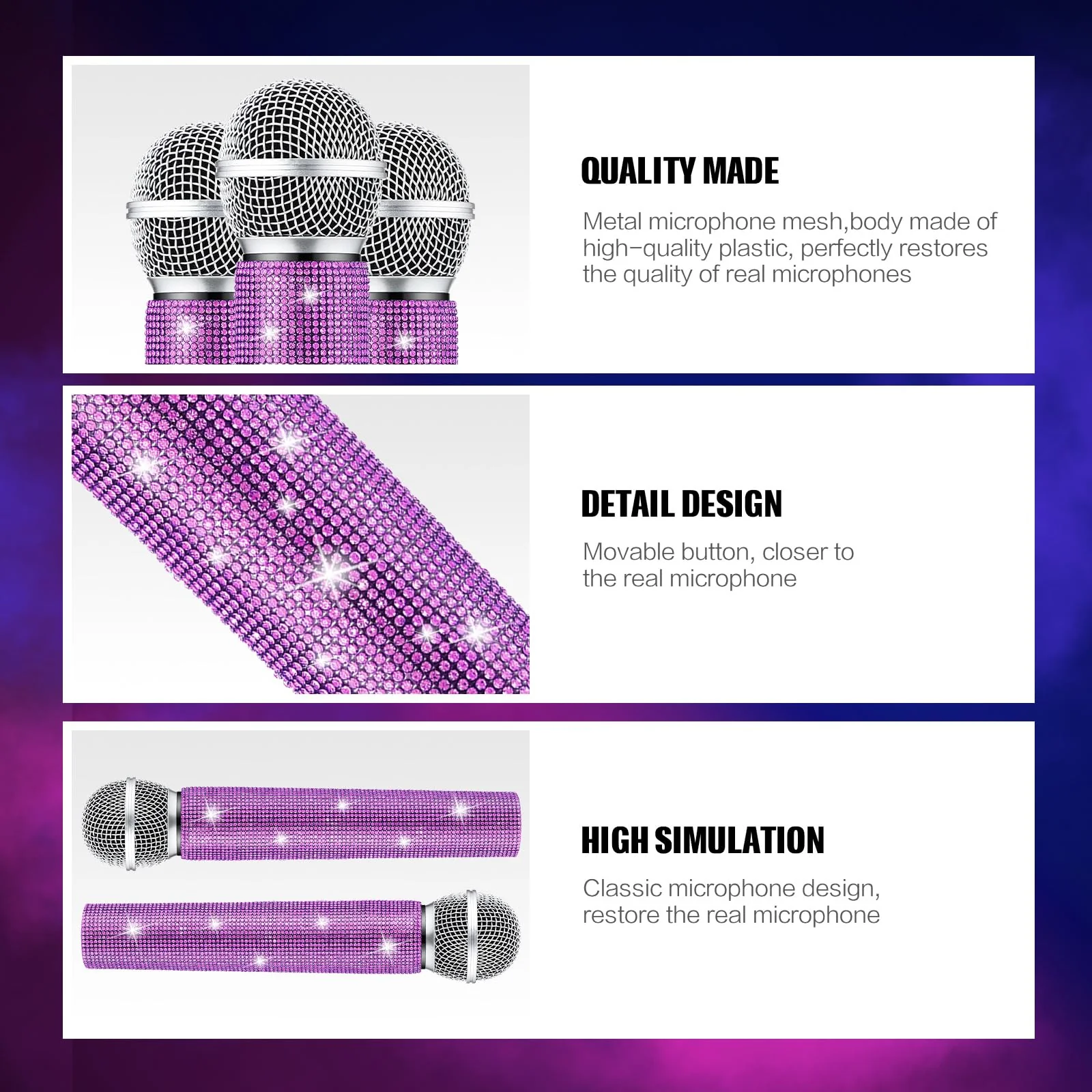 Sanwuta Fake Microphone Prop Sparkly Bling Rhinestones Microphone Prop Plastic Play Microphone Pretend Glitter Bedazzled Microphones for Disco Stage Living Broadcast Live Streaming Party (Purple) Purple - Image 4