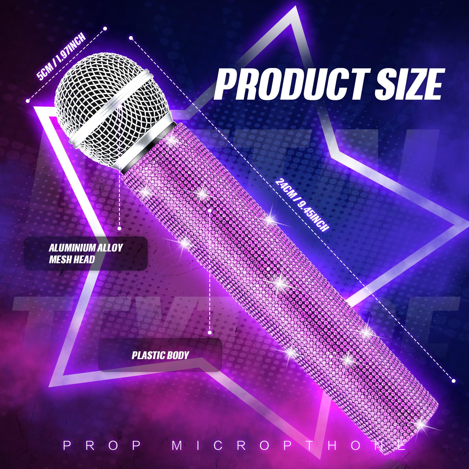 Sanwuta Fake Microphone Prop Sparkly Bling Rhinestones Microphone Prop Plastic Play Microphone Pretend Glitter Bedazzled Microphones for Disco Stage Living Broadcast Live Streaming Party (Purple) Purple - Image 5