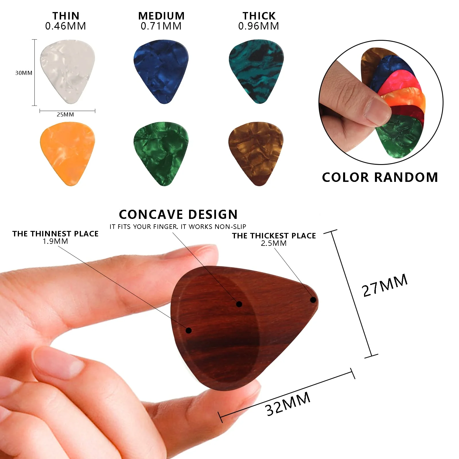 Sapele Guitar Pick Holder Set with 1 Rosewood Pick and 6 Celluloid Picks in 3 Thicknesses, Mini Wooden Jewelry Organizers, Wood Color knick-knacks, 3.35×1.77×1.58 inches Storages - Image 3