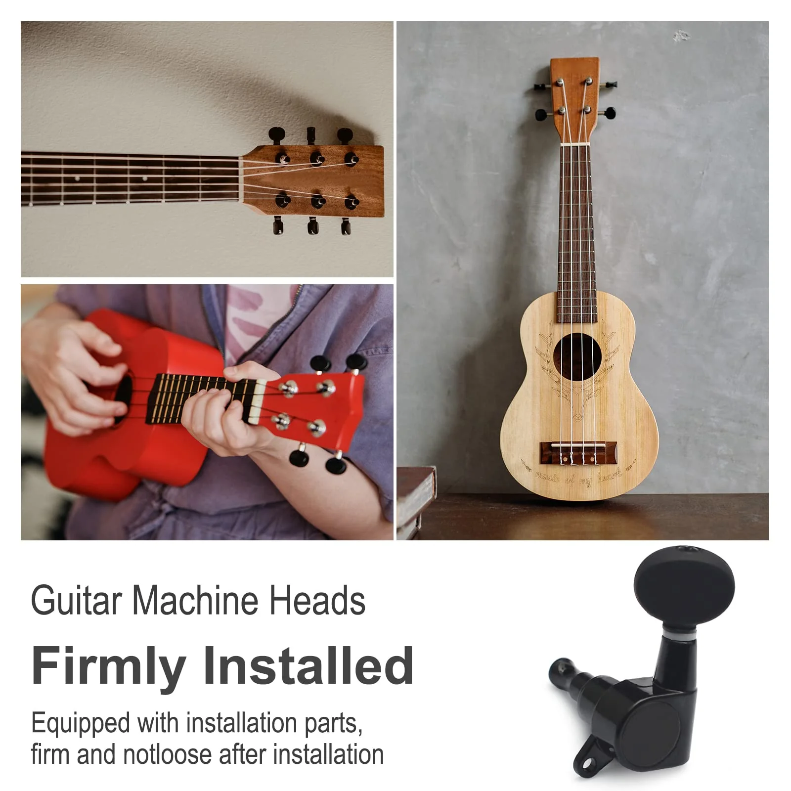 SAPHUE 2R2L Ukulele Tuning Pegs Parts,Small oval Concave Button Sealed-gear String Tuners Tuning Pegs key Machine Heads for Ukulele (Black) Black - Image 4