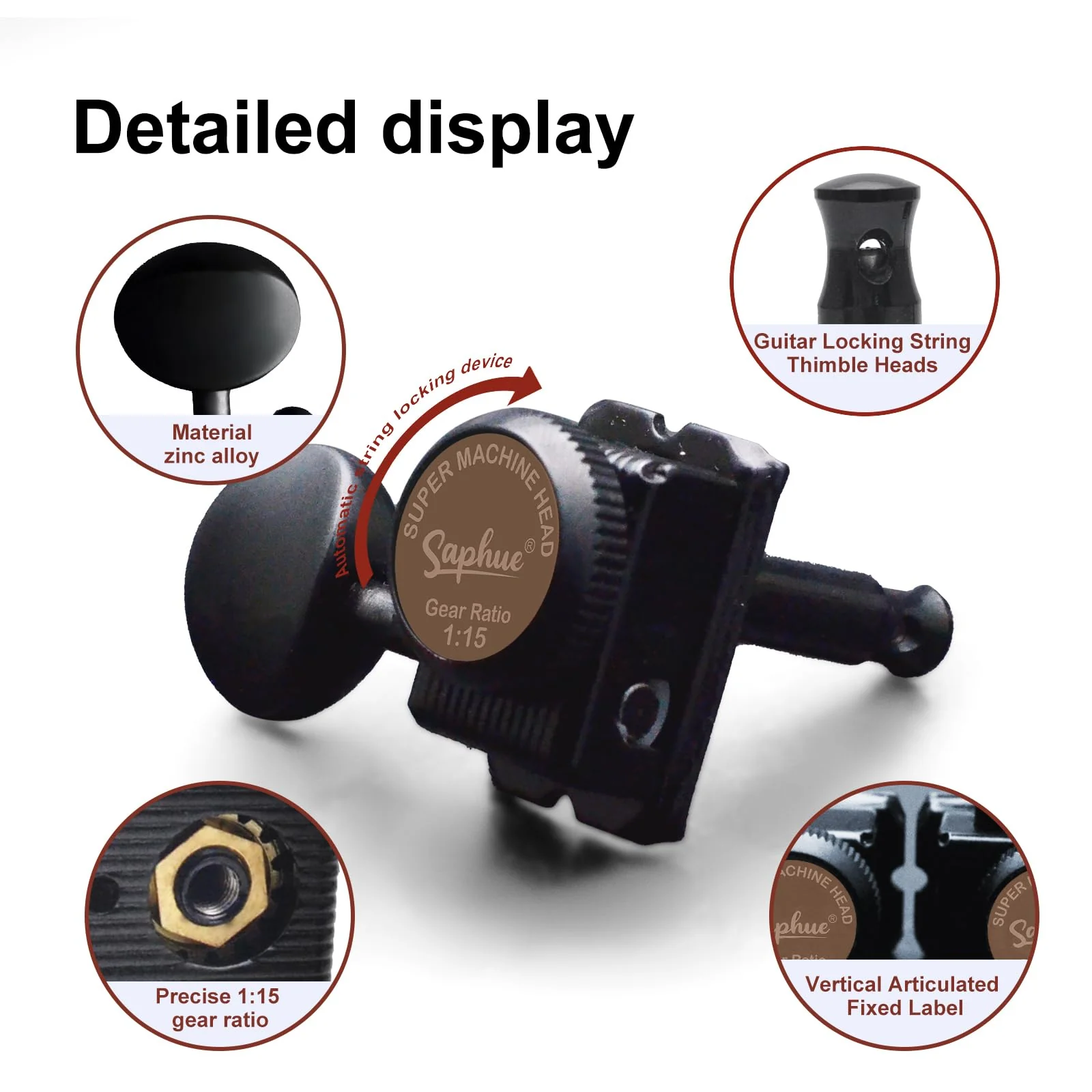 SAPHUE 6 Inline Guitar Lock String Tuners 1:15 Vintage Guitar Locking Tuning Key Pegs Machine Heads Replacement for ST TL Style Electric Folk or Acoustic Guitars (black) black - Image 4