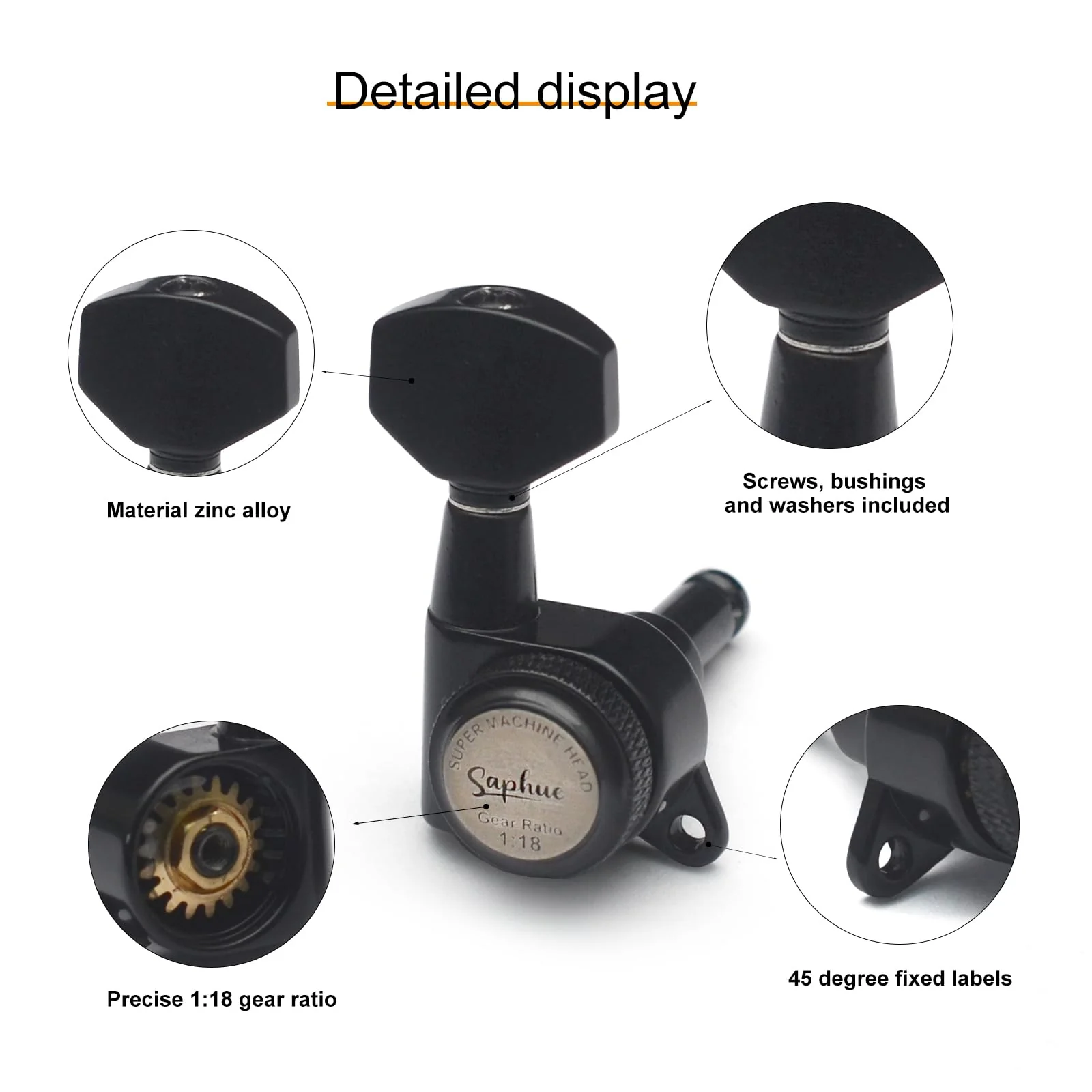SAPHUE 6R Guitar Locking Tuners 1:18 Lock String Tuning Key Pegs Machine Head with Hexagonal Handle Replacement for Electric Folk or Acoustic Guitars (Black) Black - Image 2