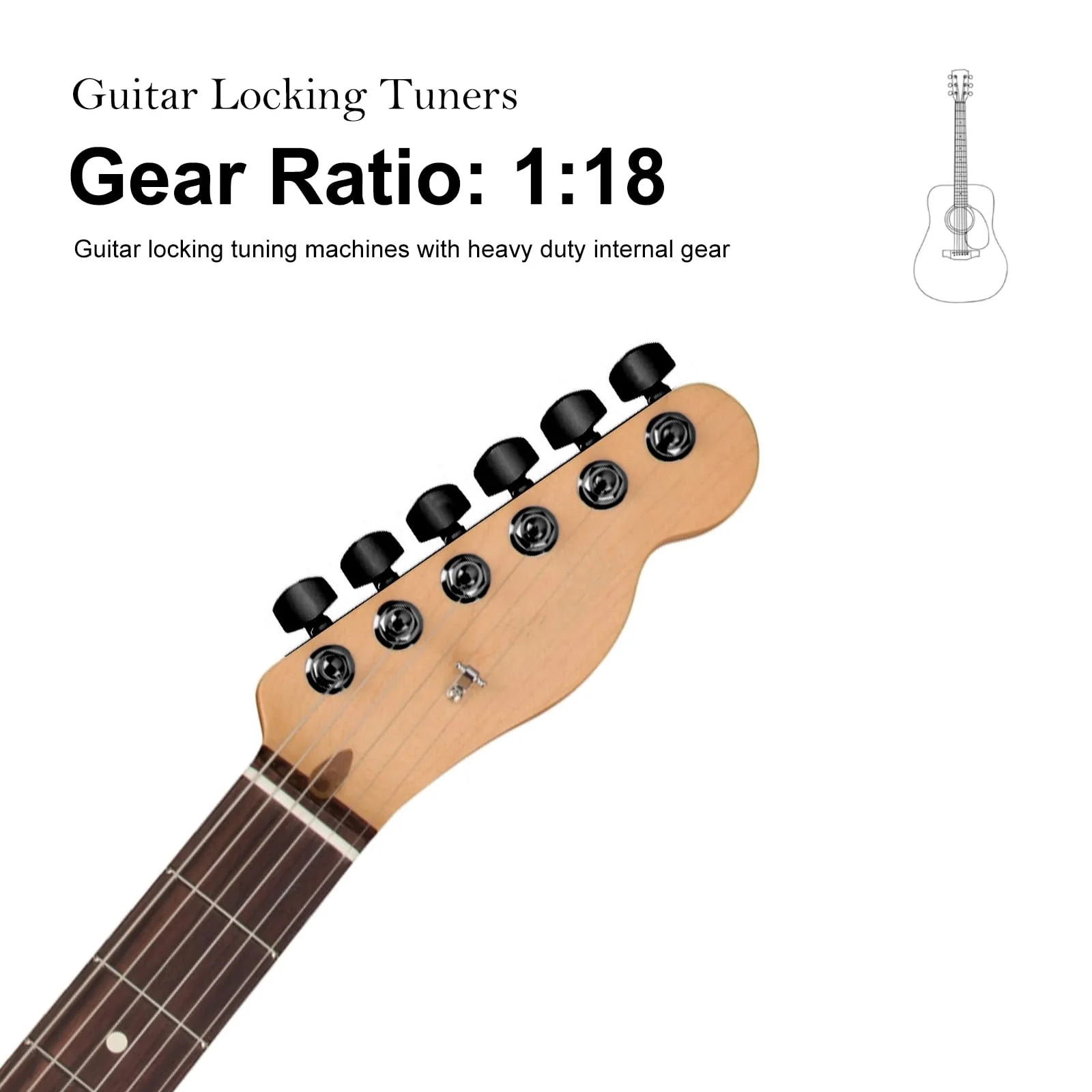SAPHUE 6R Guitar Locking Tuners 1:18 Lock String Tuning Key Pegs Machine Head with Hexagonal Handle Replacement for Electric Folk or Acoustic Guitars (Black) Black - Image 4