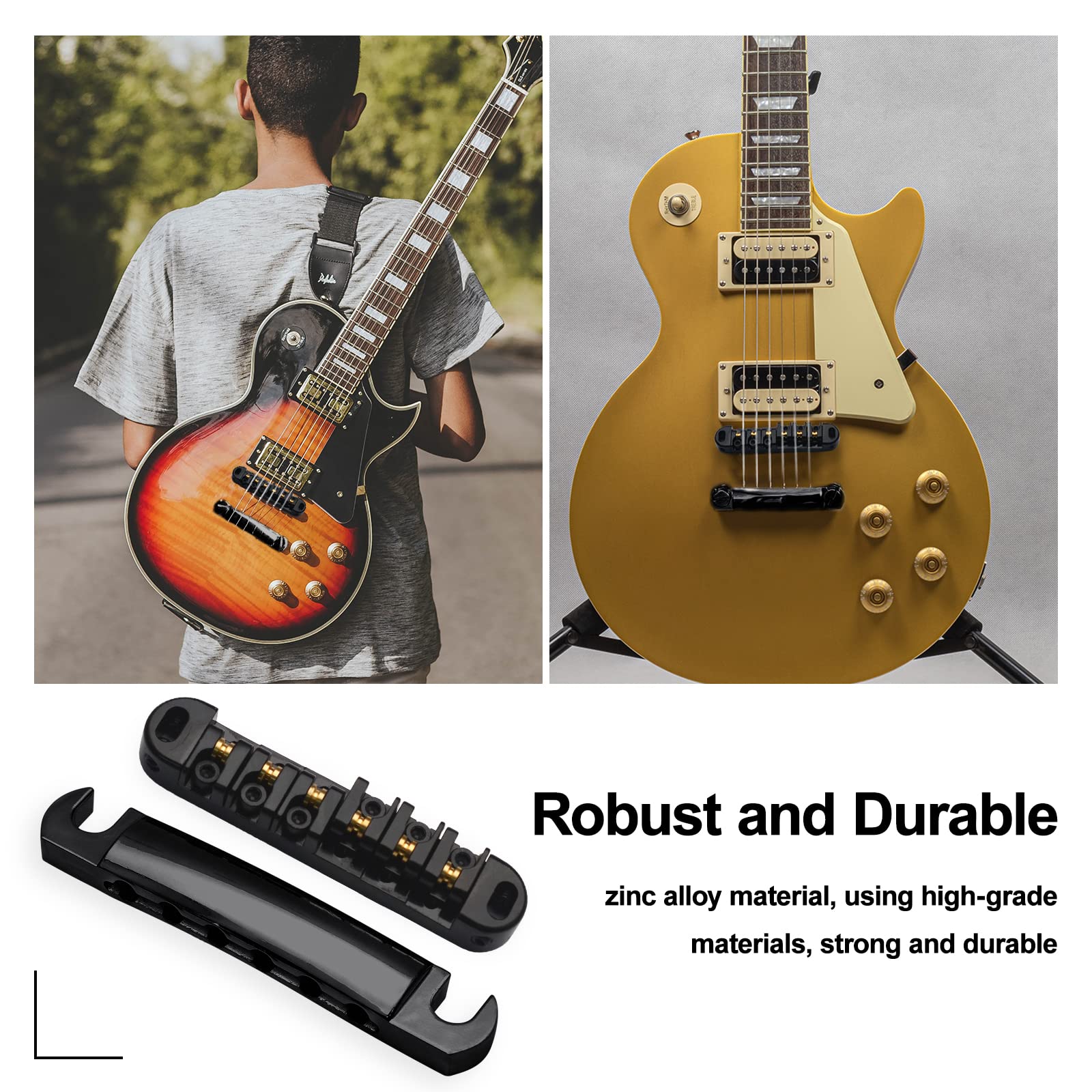 SAPHUE Adjustable Brass Roller Saddle Bridge ABR-1 Style Tune-o-matic Bridge Tailpiece Roller Saddle Bridge for GB LP Gear Replacement (black) black - Image 4