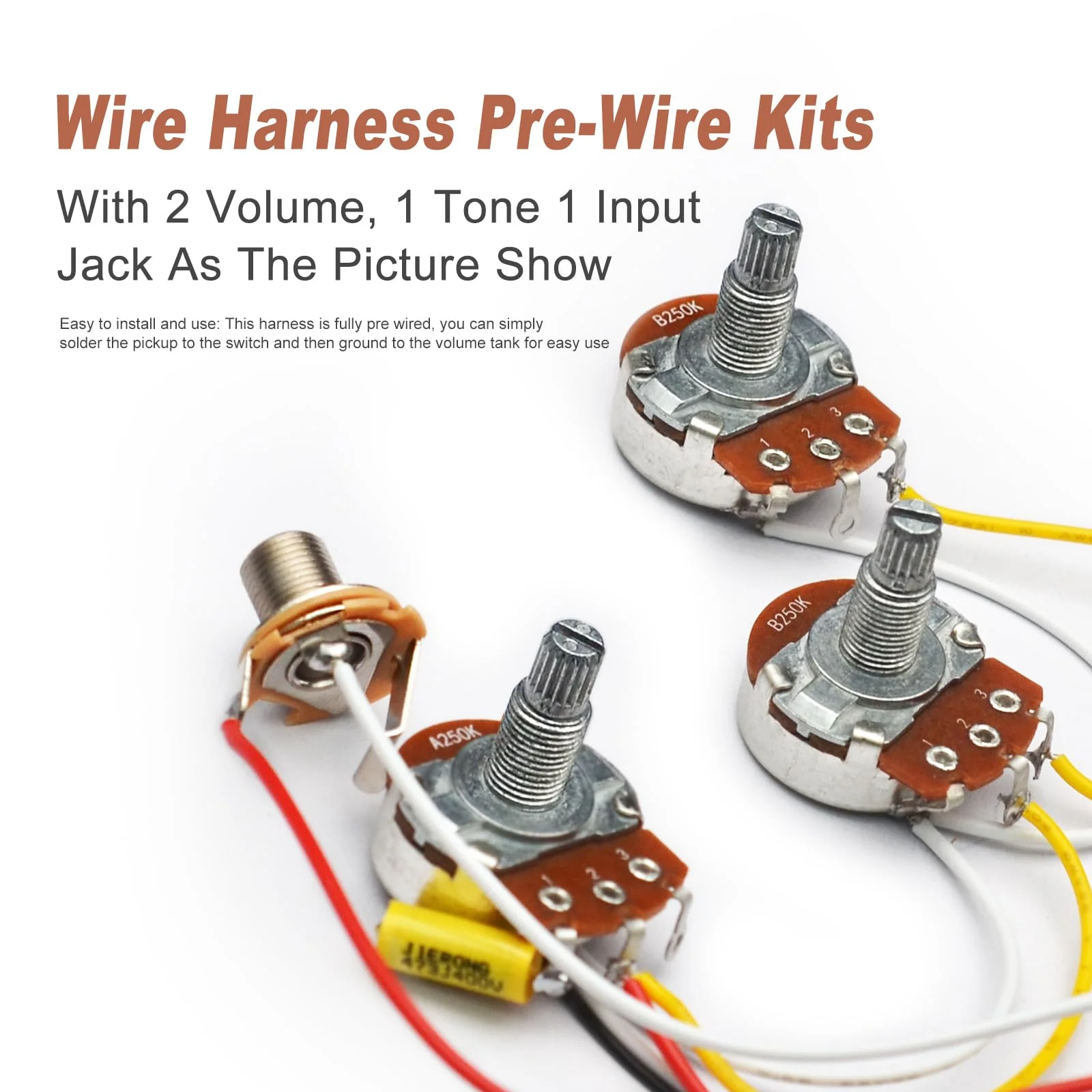 SAPHUE Bass Wiring Harness Prewired Kit 250K Big Pots 2 Volume 1 Tone For Jazz Bass Electric Guitar Parts - Image 2