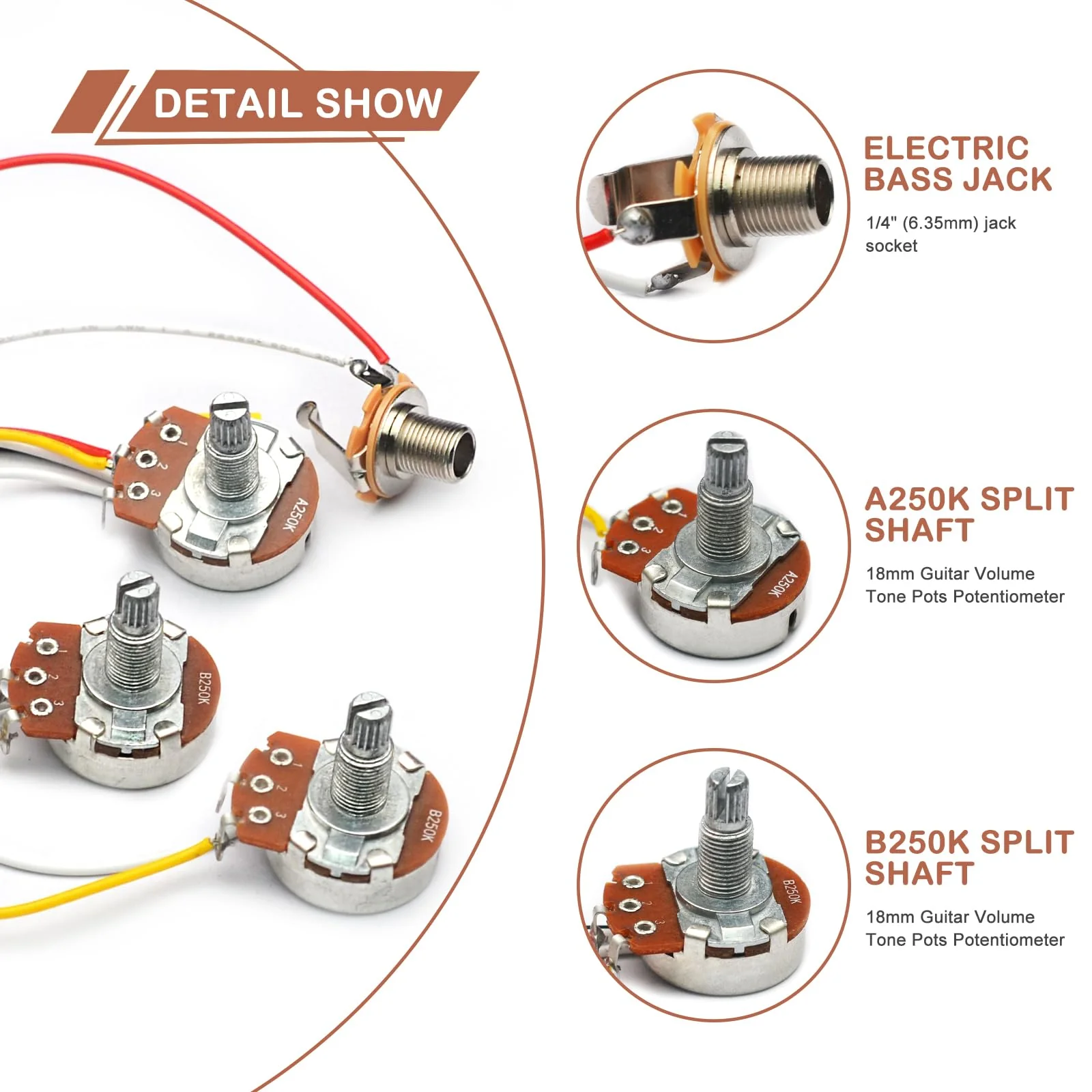 SAPHUE Bass Wiring Harness Prewired Kit 250K Big Pots 2 Volume 1 Tone For Jazz Bass Electric Guitar Parts - Image 3