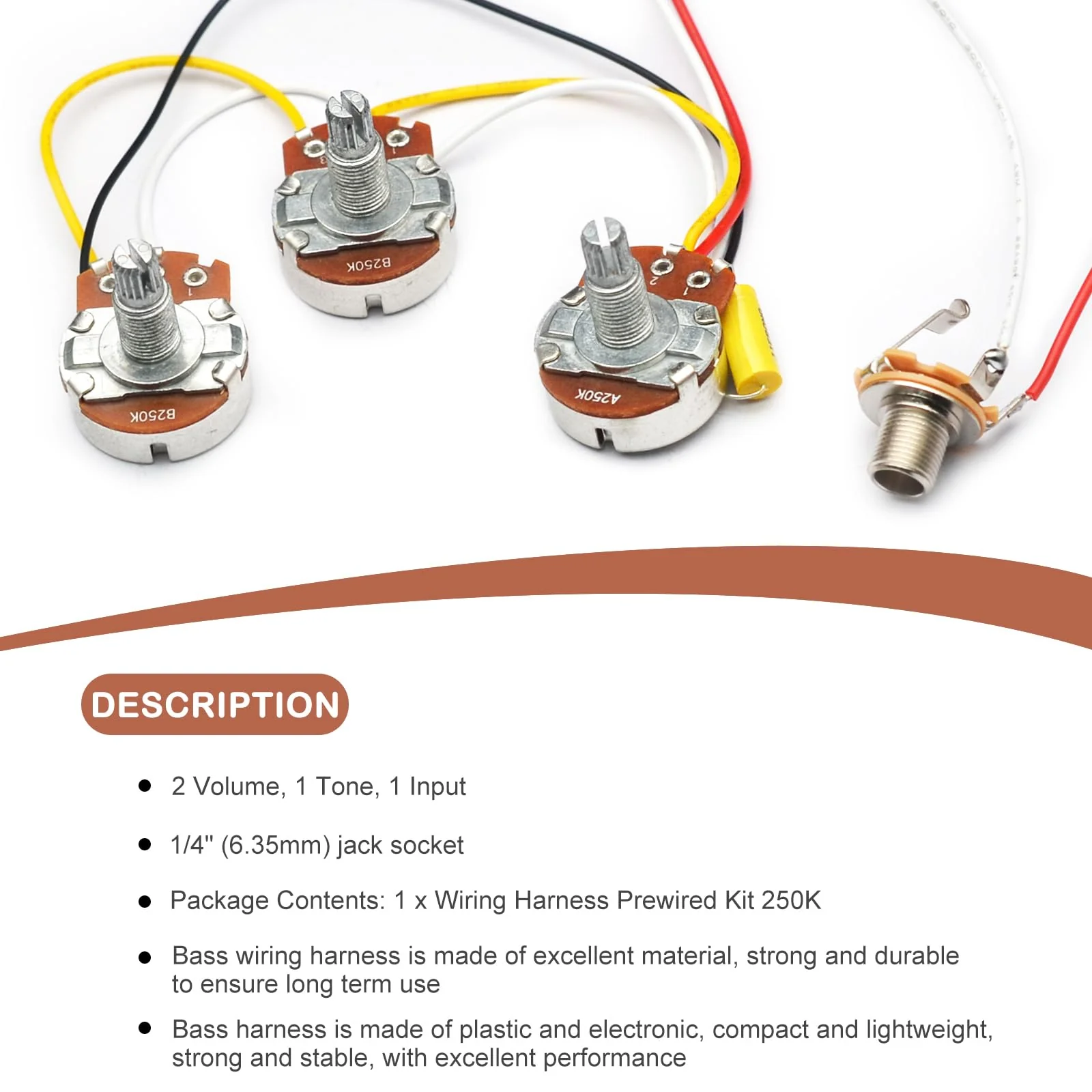 SAPHUE Bass Wiring Harness Prewired Kit 250K Big Pots 2 Volume 1 Tone For Jazz Bass Electric Guitar Parts - Image 5