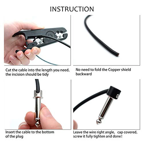 SAPHUE Guitar Bass Patch Cable Multi Effects Guitar Pedal, Solderless Pedalboard Cable Kit,10ft Cable 10 Tip Connectors Solderless 6.35 Mono Plugs for Effect Pedal Make 5 DIY Custom Patch Cables Straight Black Cap Cable Kits - Image 5