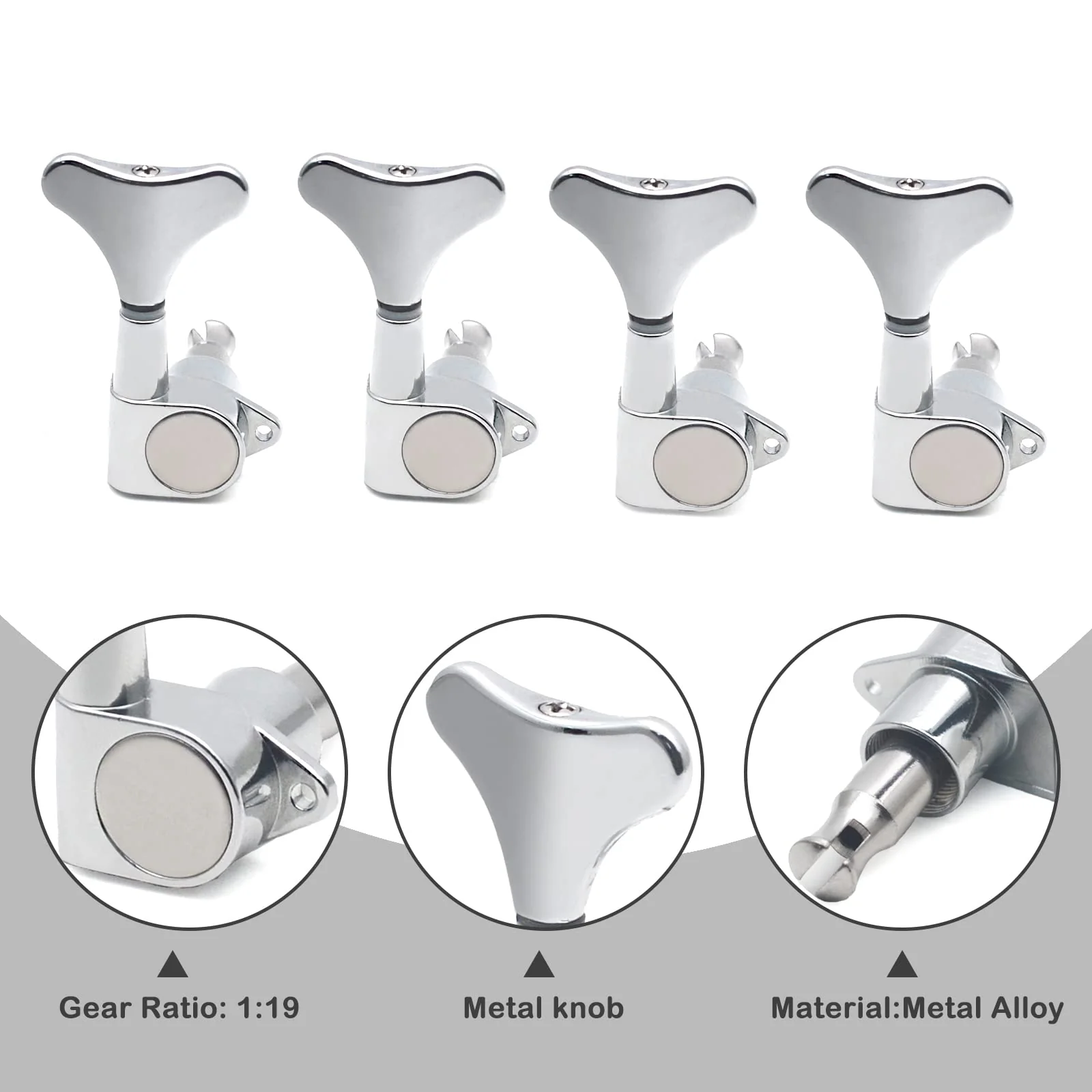 SAPHUE Guitar Bass Tuners(4 for Right) Bass Guitar Tuning Keys,1:19 Ratio Headstock Sealed Machine Head Replacement for Electric Jazz Bass or Precision Instruments(Chrome, 4R) 1:19 (4R) Chrome - Image 4