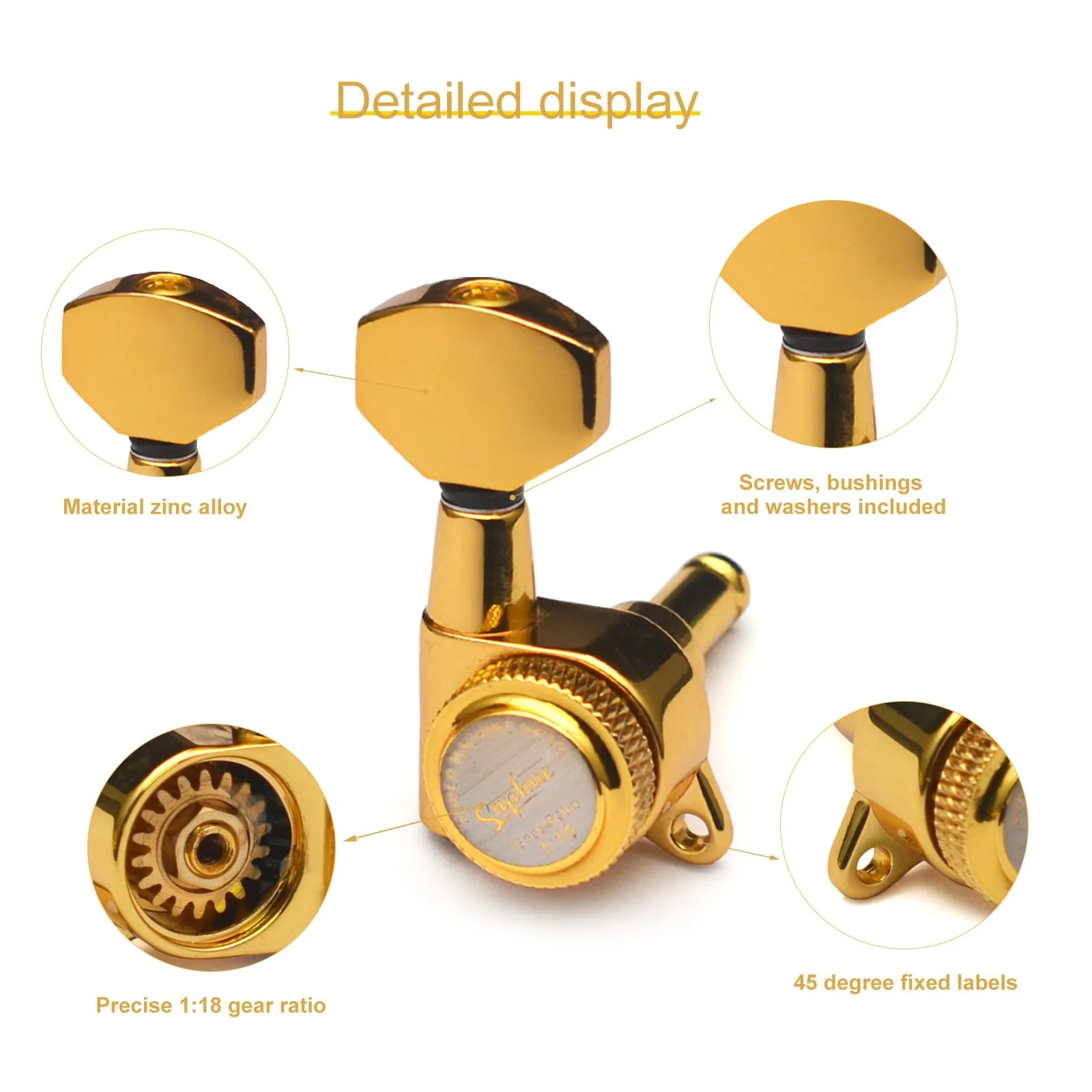SAPHUE Guitar Locking Tuners 1:18 Lock String Tuning Key Pegs Machine Head with Hexagonal Handle Replacement for Electric Folk or Acoustic Guitars (Gold) Gold - Image 2