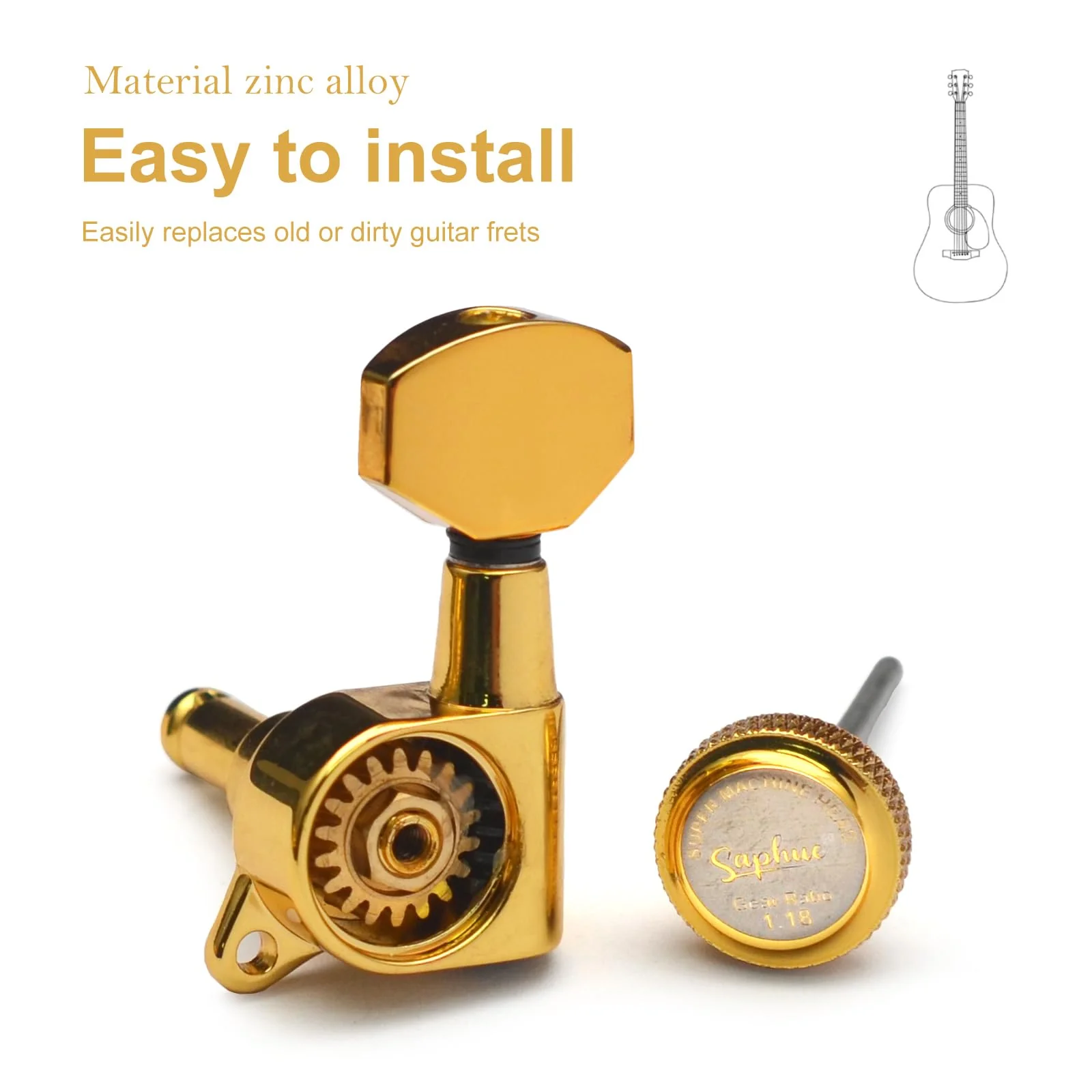 SAPHUE Guitar Locking Tuners 1:18 Lock String Tuning Key Pegs Machine Head with Hexagonal Handle Replacement for Electric Folk or Acoustic Guitars (Gold) Gold - Image 3