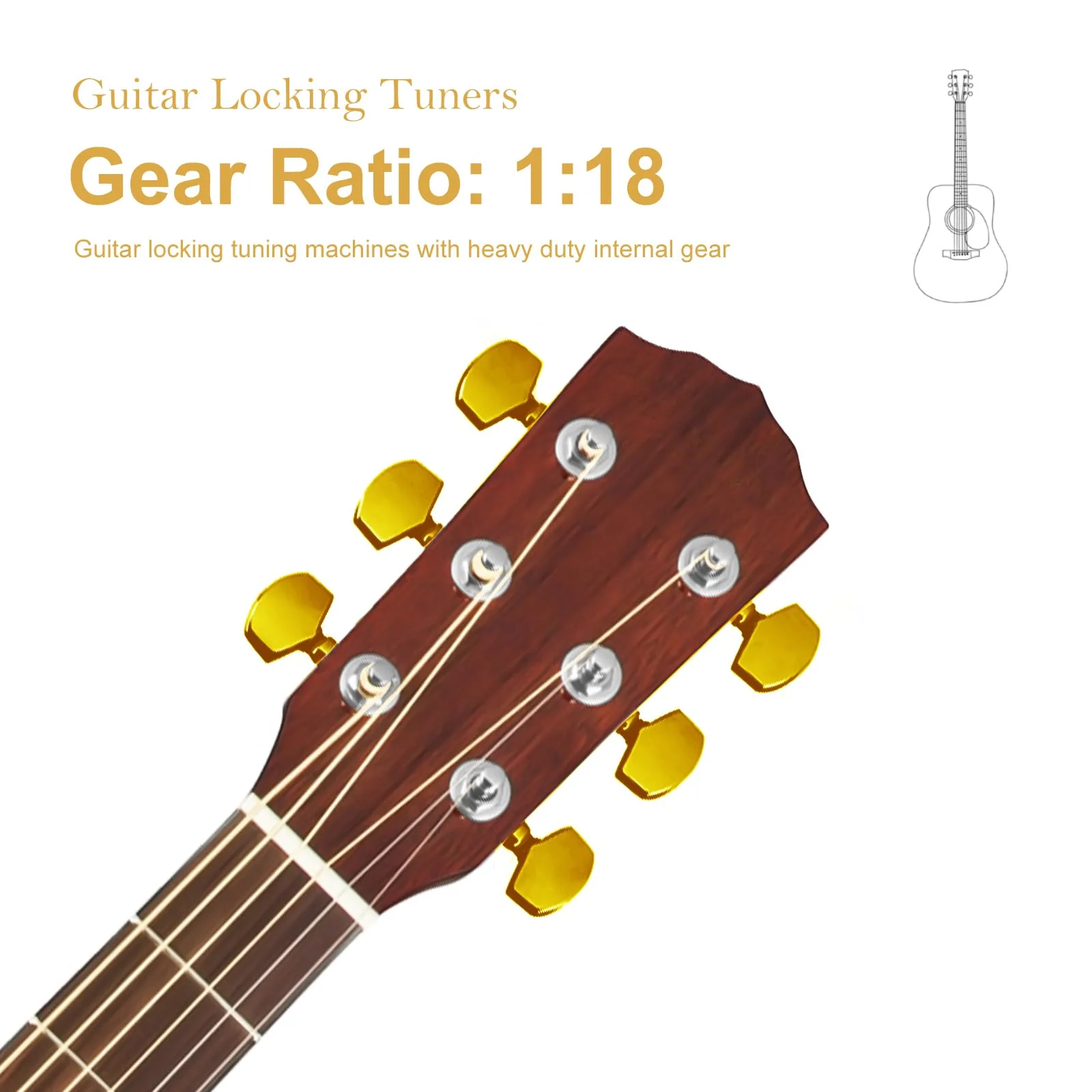SAPHUE Guitar Locking Tuners 1:18 Lock String Tuning Key Pegs Machine Head with Hexagonal Handle Replacement for Electric Folk or Acoustic Guitars (Gold) Gold - Image 4
