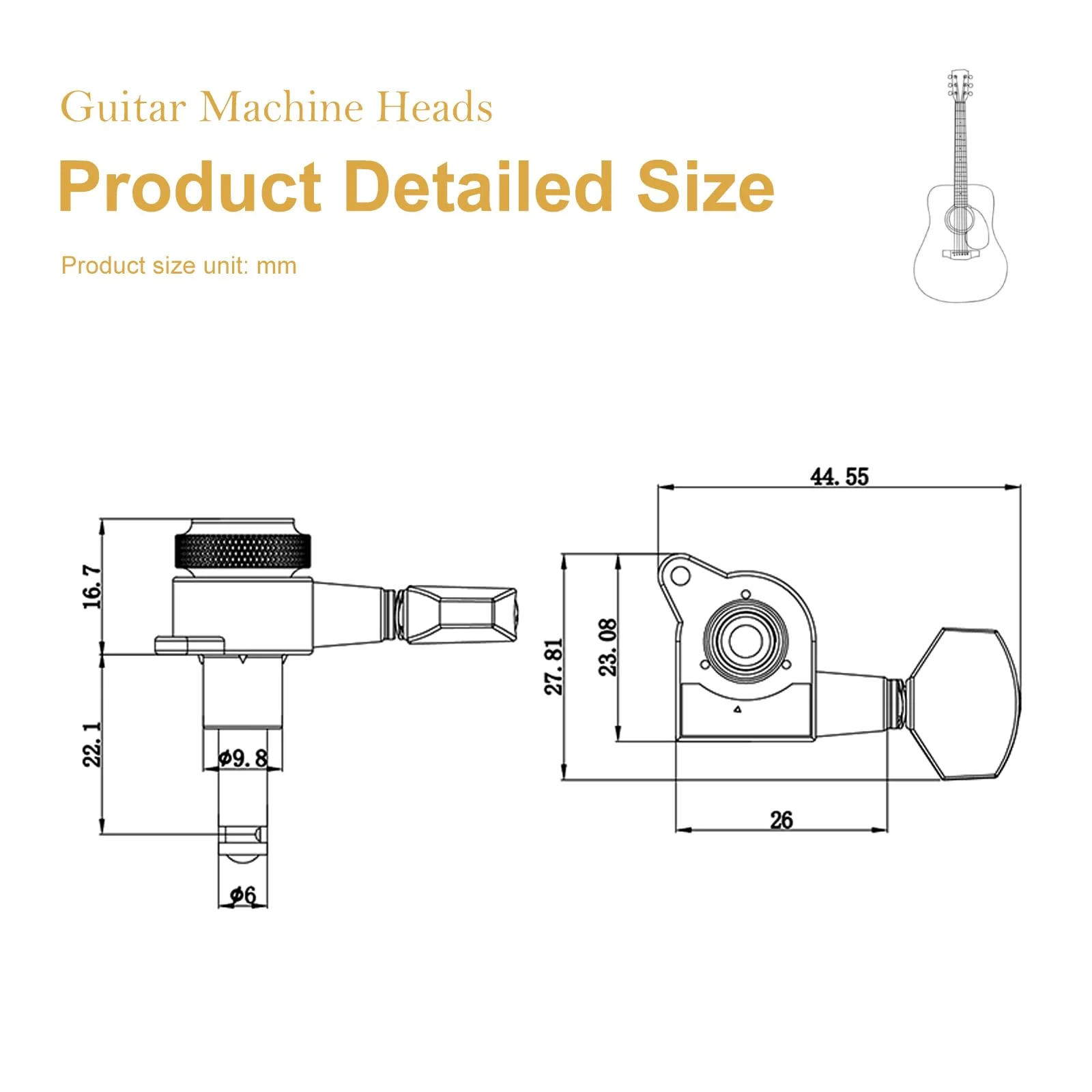 SAPHUE Guitar Locking Tuners 1:18 Lock String Tuning Key Pegs Machine Head with Hexagonal Handle Replacement for Electric Folk or Acoustic Guitars (Gold) Gold - Image 5