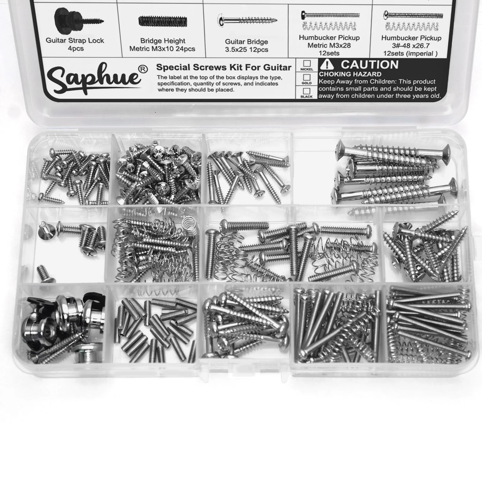SAPHUE Guitar Screw Kit,201pcs Telecaster Kit, Pickguard Screws， Switch Plate Screws,For Fender/Tele/Strat/Sq,Tuner,Machine Head, Neck Plate,Guitar Strap End Pins,Pickup,Bridge, Guitar Repair Kit multi-size (201pcs) Chrome - Image 7