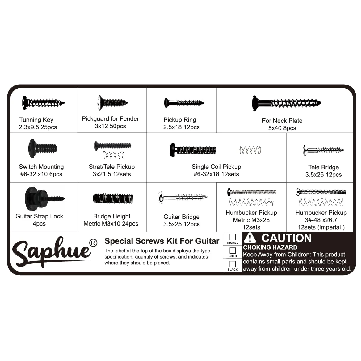 SAPHUE Guitar Screw Kit,201pcs Telecaster Kit, Pickguard Screws， Switch Plate Screws,For Fender/Tele/Strat/Sq,Tuner,Machine Head, Neck Plate,Guitar Strap End Pins,Pickup,Bridge, Guitar Repair Kit multi-size Black - Image 2