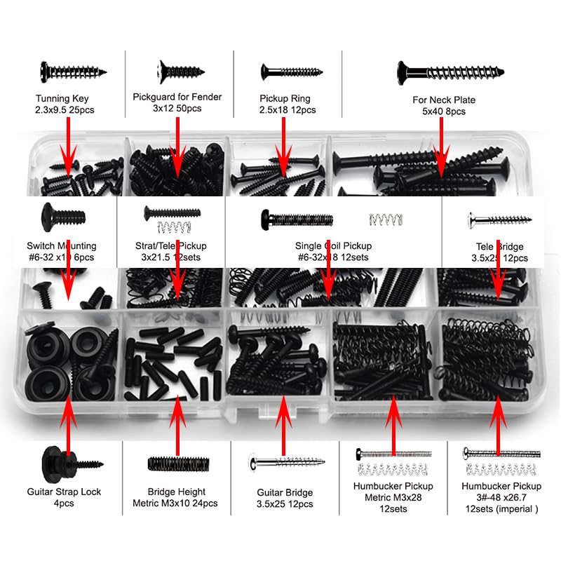 SAPHUE Guitar Screw Kit,201pcs Telecaster Kit, Pickguard Screws， Switch Plate Screws,For Fender/Tele/Strat/Sq,Tuner,Machine Head, Neck Plate,Guitar Strap End Pins,Pickup,Bridge, Guitar Repair Kit multi-size Black - Image 3