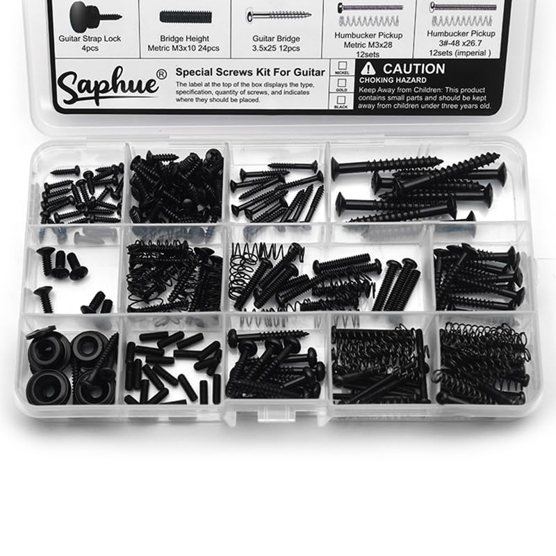 SAPHUE Guitar Screw Kit,201pcs Telecaster Kit, Pickguard Screws， Switch Plate Screws,For Fender/Tele/Strat/Sq,Tuner,Machine Head, Neck Plate,Guitar Strap End Pins,Pickup,Bridge, Guitar Repair Kit multi-size Black - Image 7