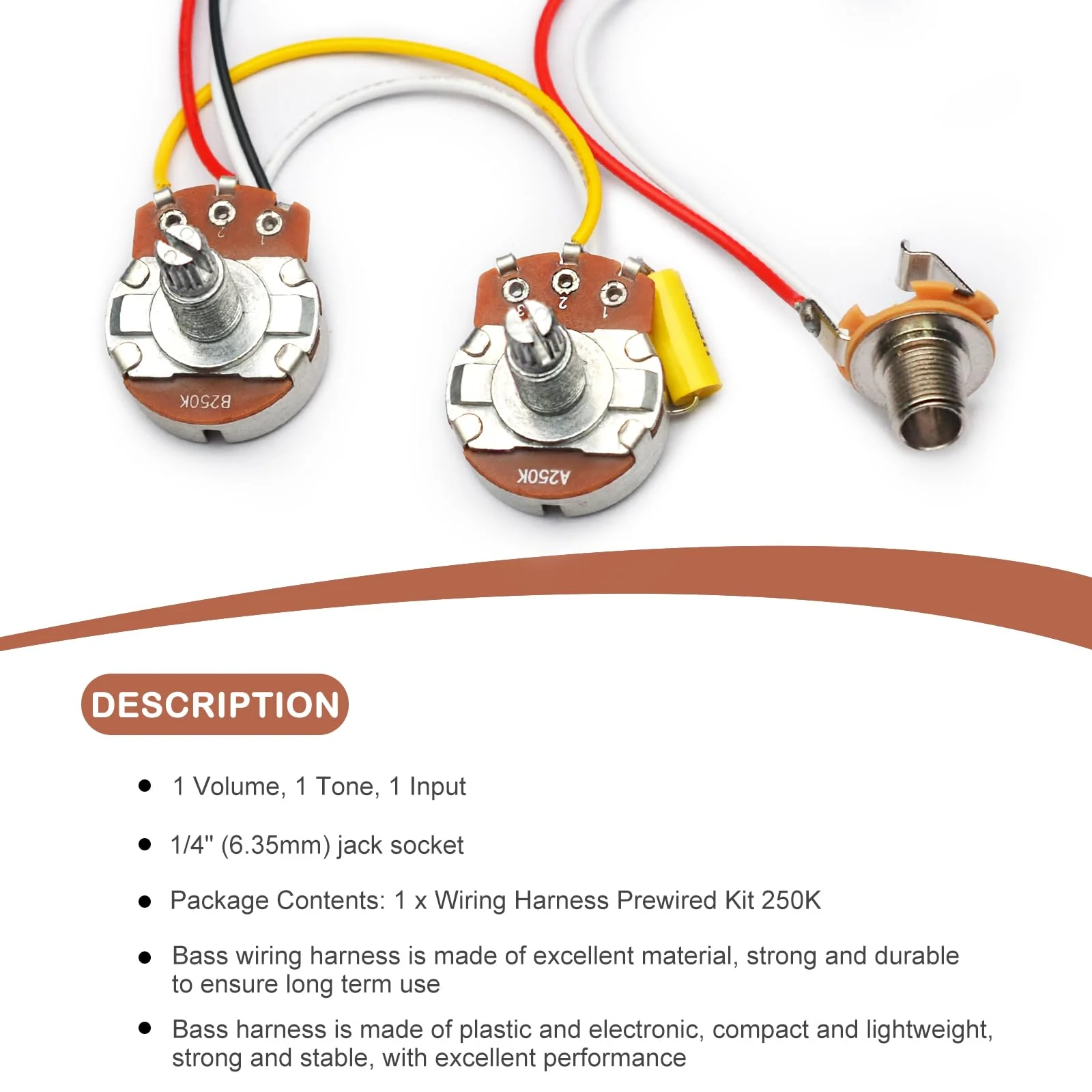 SAPHUE PB Bass Wiring Harness Prewired Kit for Precision Bass Guitar Big 250K Pots 1 Volume 1 Tone Jack - Image 5