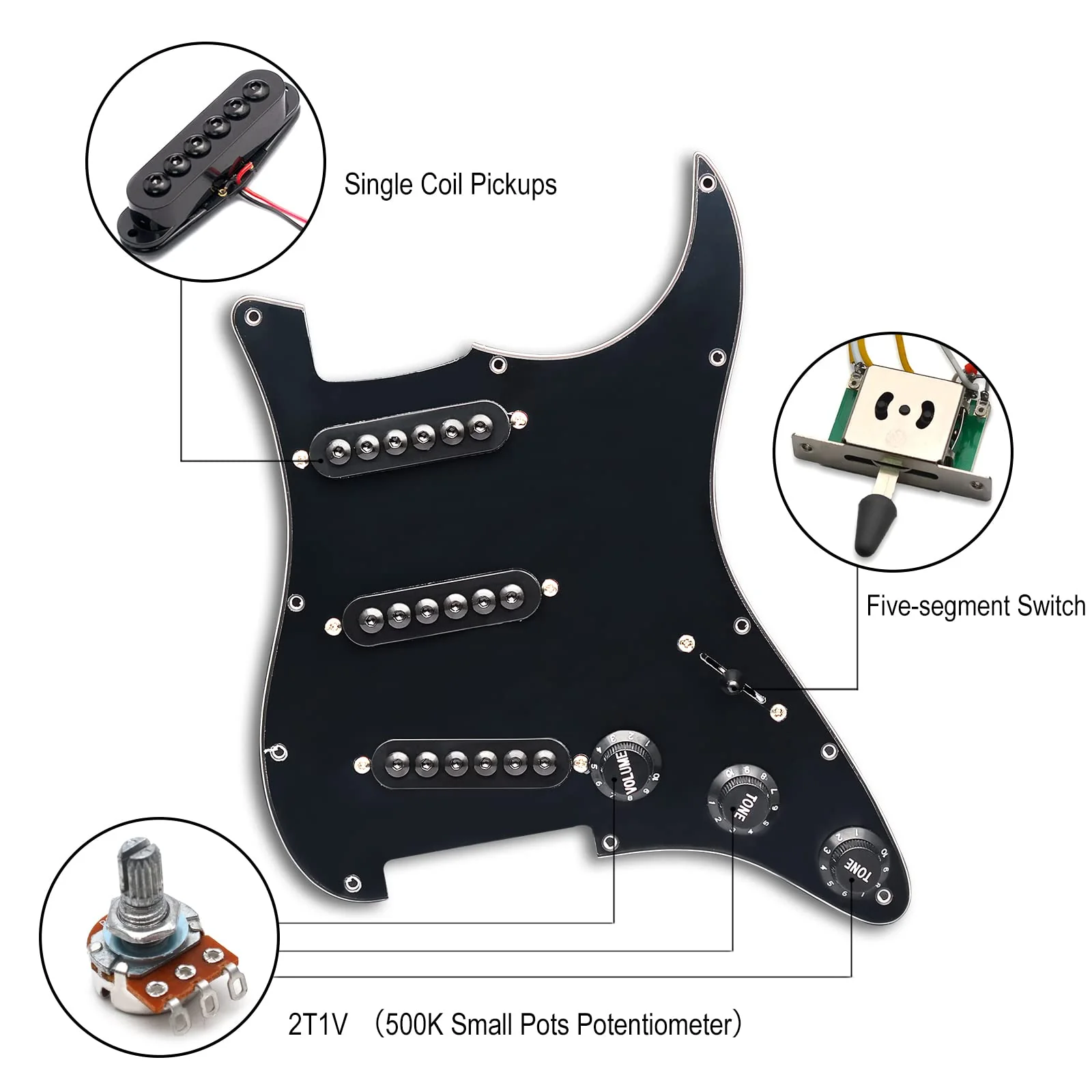 SAPHUE Prewired ST Pickguard SSS 3 Single Coil Pickups Adjustable Big Screws Loaded Electric Guitar Pickguard for Fender Strandard Straocaster Guitar Parts (Black) Black - Image 2