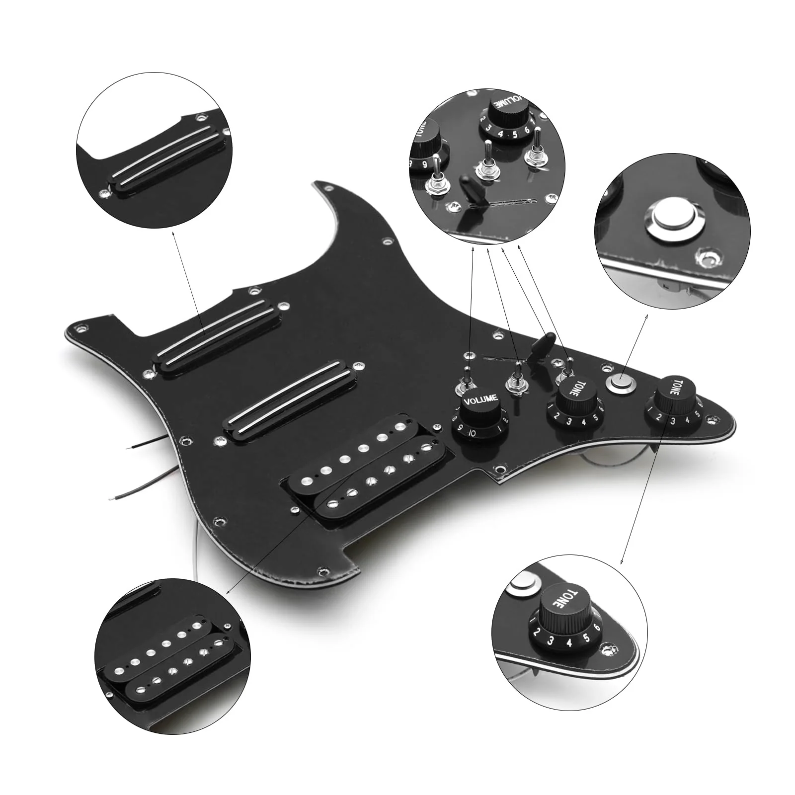 SAPHUE SSH-Coil Splitting Electric Guitar Pickguard Two Mini Humbucker + ONE Humbucker(9K/9K/15K)+Silence Switch Loaded Prewired Scratchplate (Black-Black) Black-Black - Image 3