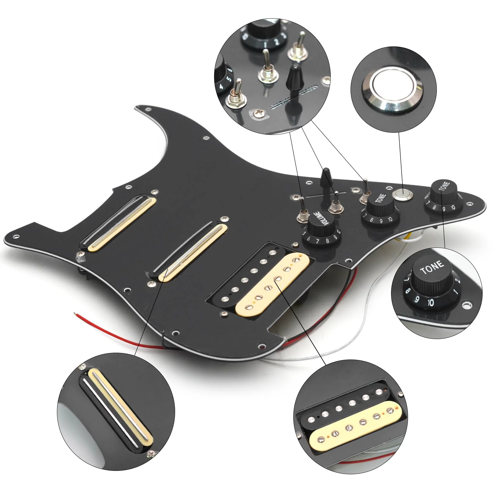 SAPHUE SSH-Coil Splitting Electric Guitar Pickguard Two Mini Humbucker + ONE Humbucker(9K/9K/15K)+Silence Switch Loaded Prewired Scratchplate (Black) Black+Zebra - Image 7