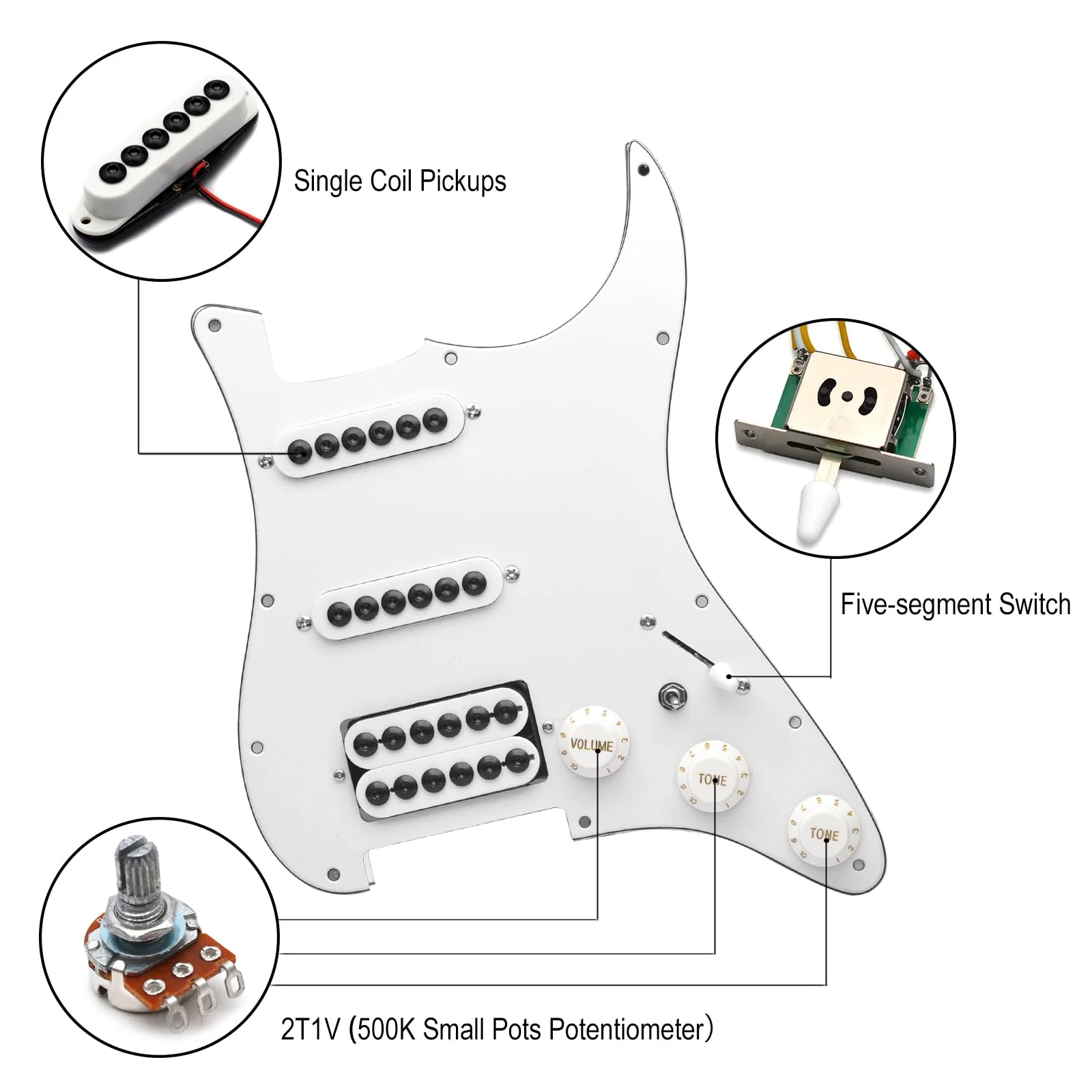 SAPHUE SSH-Coil Splitting Electric Guitar ST Style Loaded Pickguard with On/On Coil Spliting Switch Loaded Prewired Scratchplate (White) White - Image 2