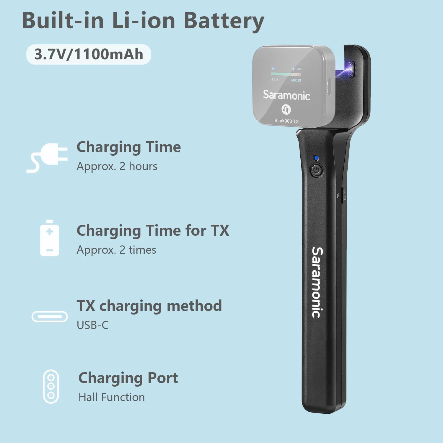 Saramonic Blink900 HM Handheld Microphone Holder for Blink900 TX Transmitter, USB Type-C, ABS Plastic and Metal, 1100mAh Battery, 2-Year Warranty HM. - Image 5