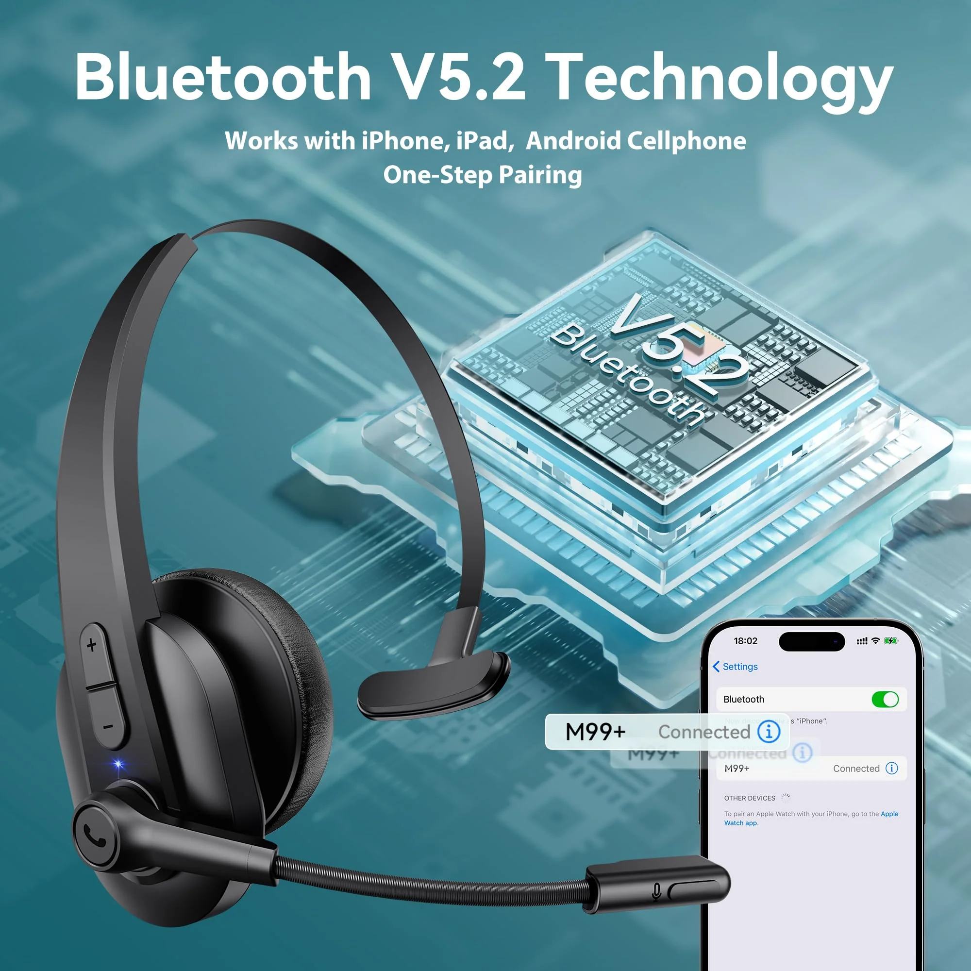 Sarevile Bluetooth Headset with USB Dongle for Computer, Single-Ear Wireless Headset with Noise Cancelling Microphone for Office & Truckers, Bluetooth V5.2 with Mute Button for Work Black - Image 6