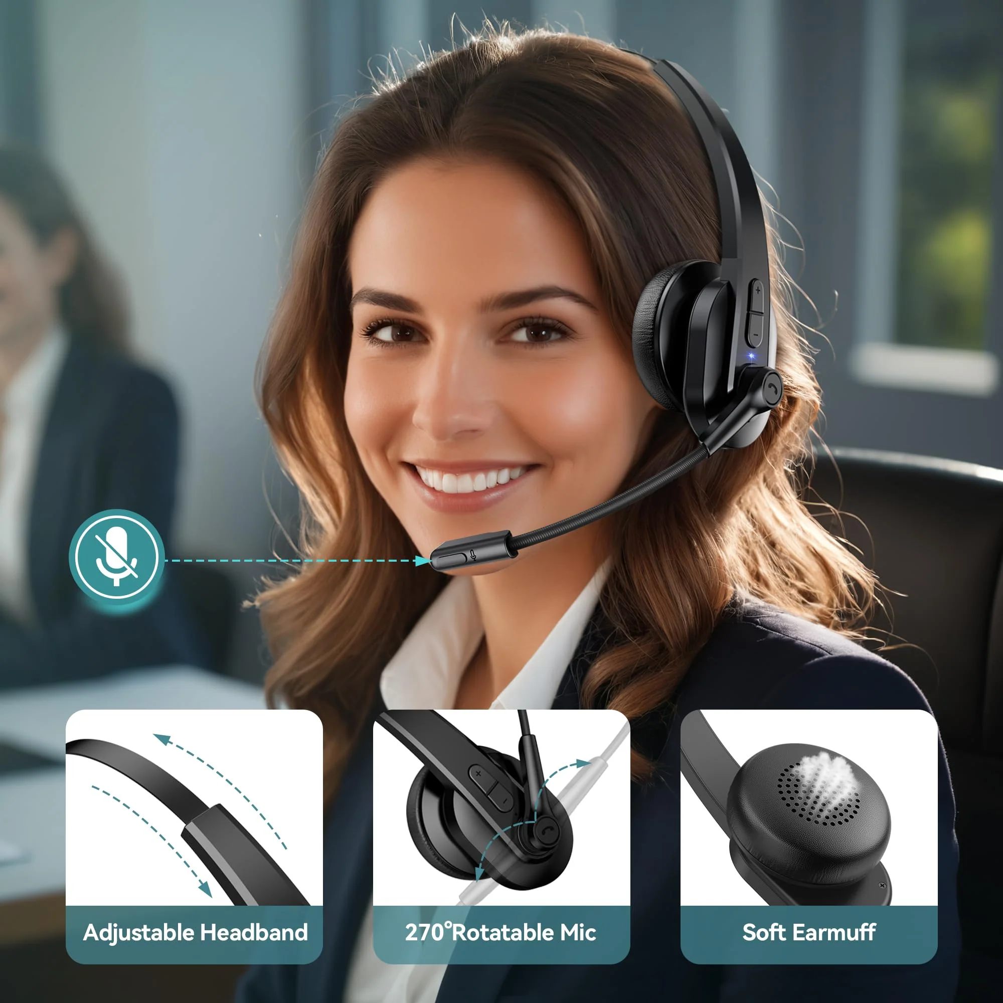 Sarevile Bluetooth Headset with USB Dongle for Computer, Single-Ear Wireless Headset with Noise Cancelling Microphone for Office & Truckers, Bluetooth V5.2 with Mute Button for Work Black - Image 7