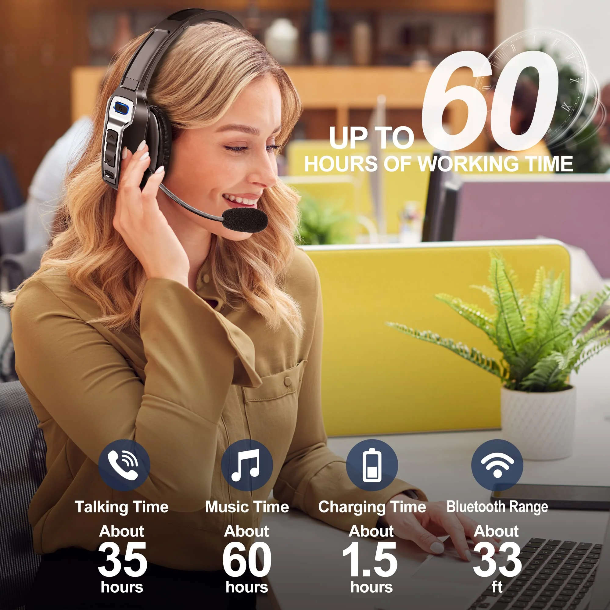 Sarevile Trucker Bluetooth Headset, V5.2 Wireless Headset with Upgraded Microphone AI Noise Canceling, On Ear Bluetooth Headphone with Mute for Driver Office Call Center (Black) - Image 3