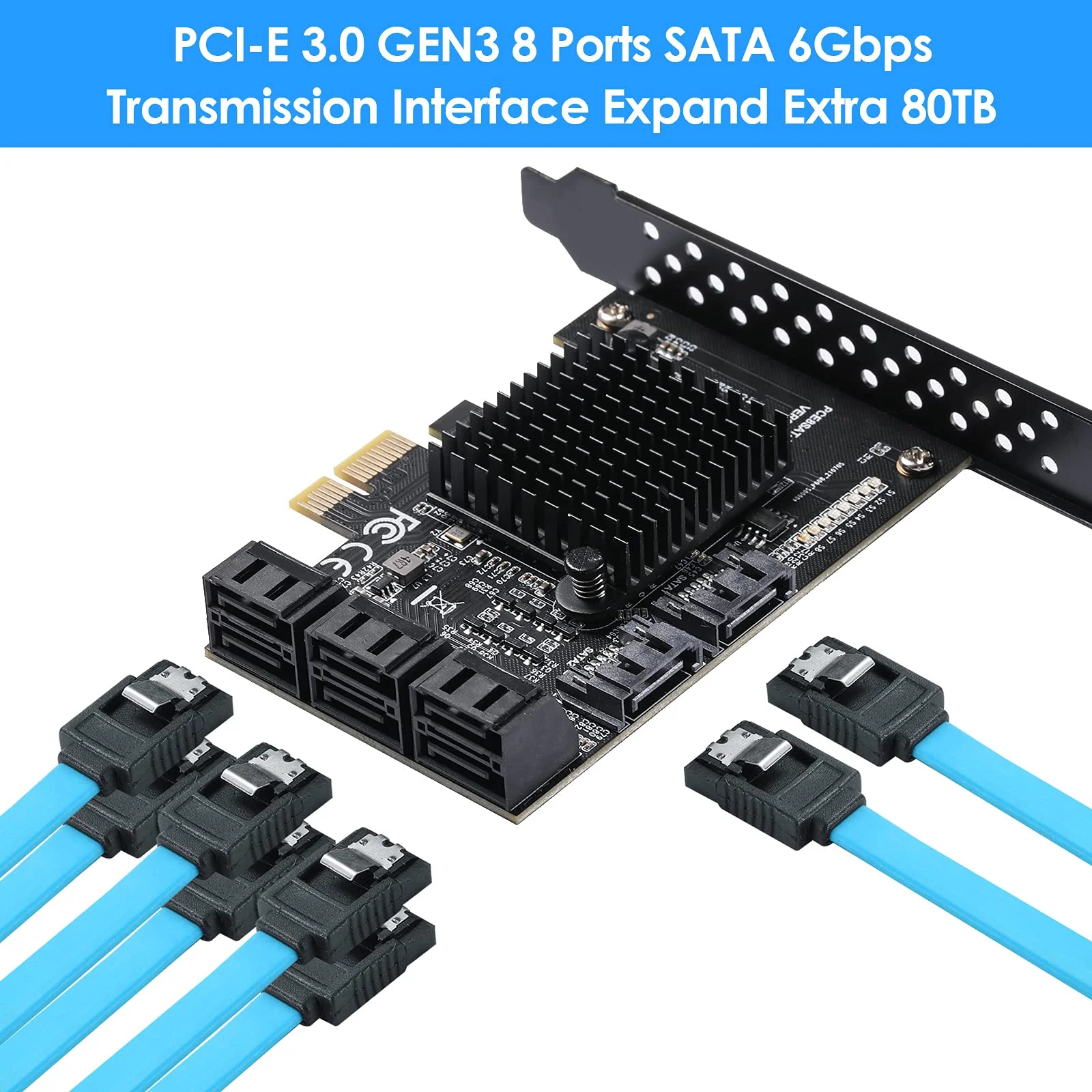 SATA 3.0 Controller Expansion Card, 8-Port PCIE SATA Card, PCI-E X1 3.0 Gen3 (6Gbps) Controller Card for Windows 10/8/Ubuntu (ASM1064 + JMB575) - Image 2