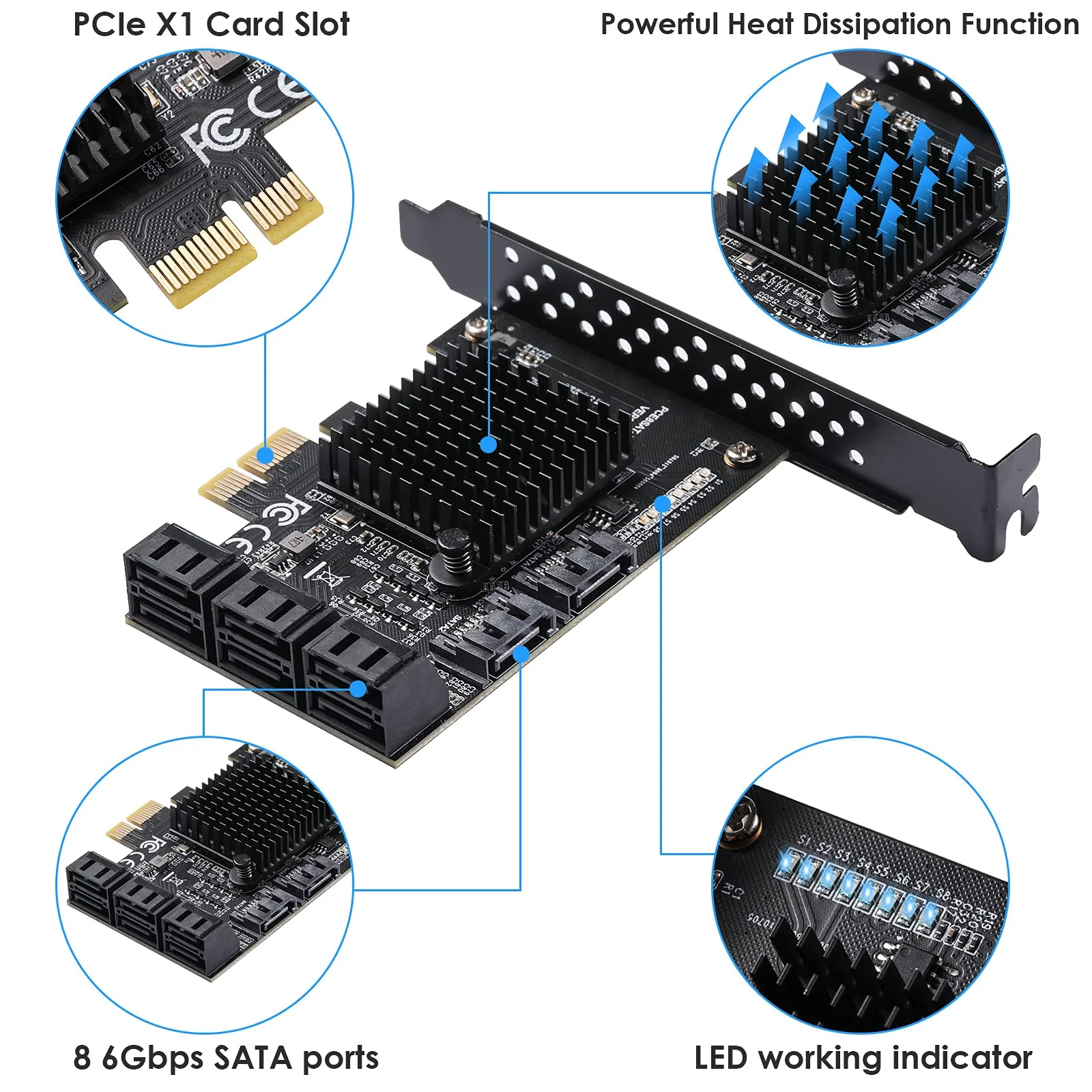 SATA 3.0 Controller Expansion Card, 8-Port PCIE SATA Card, PCI-E X1 3.0 Gen3 (6Gbps) Controller Card for Windows 10/8/Ubuntu (ASM1064 + JMB575) - Image 3