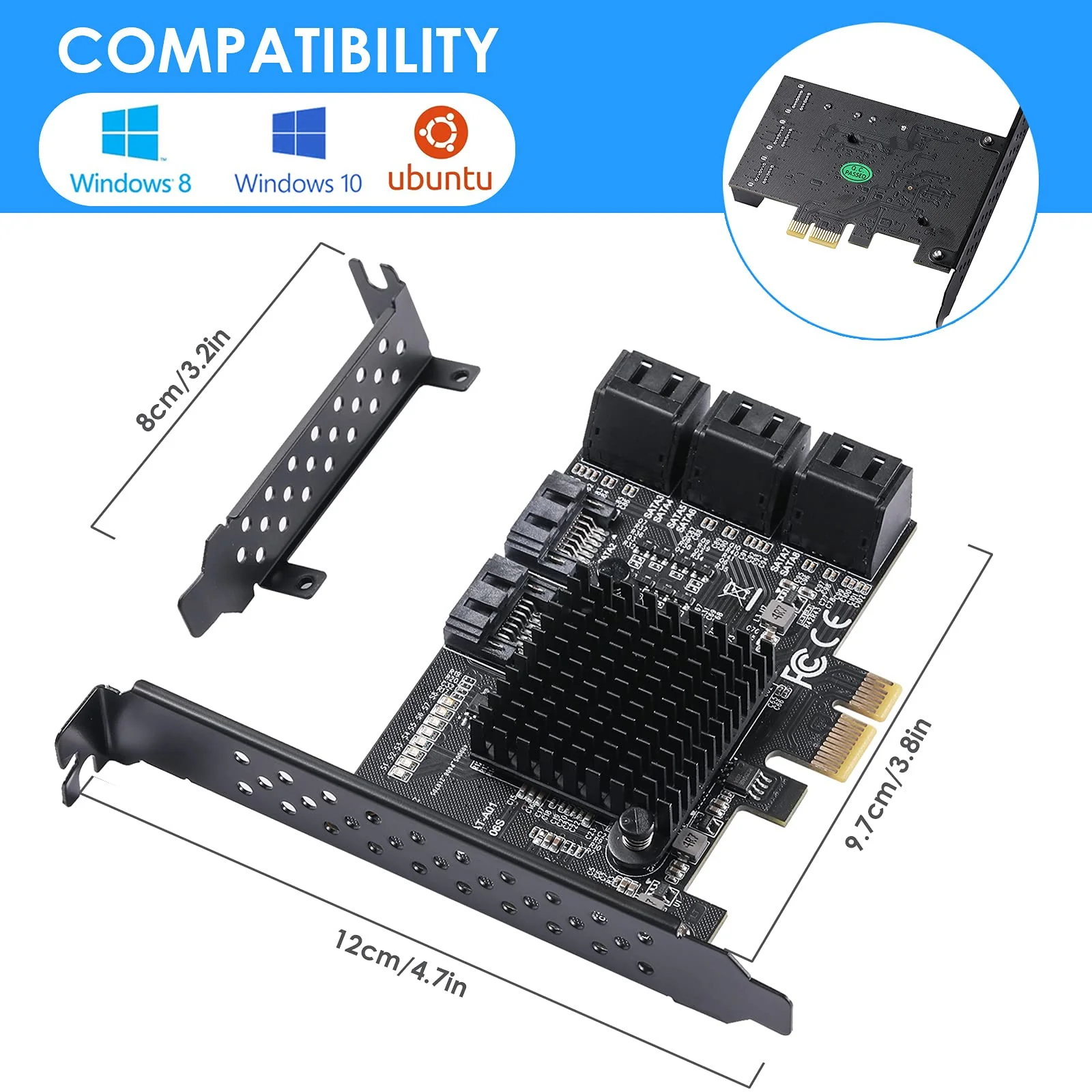 SATA 3.0 Controller Expansion Card, 8-Port PCIE SATA Card, PCI-E X1 3.0 Gen3 (6Gbps) Controller Card for Windows 10/8/Ubuntu (ASM1064 + JMB575) - Image 5