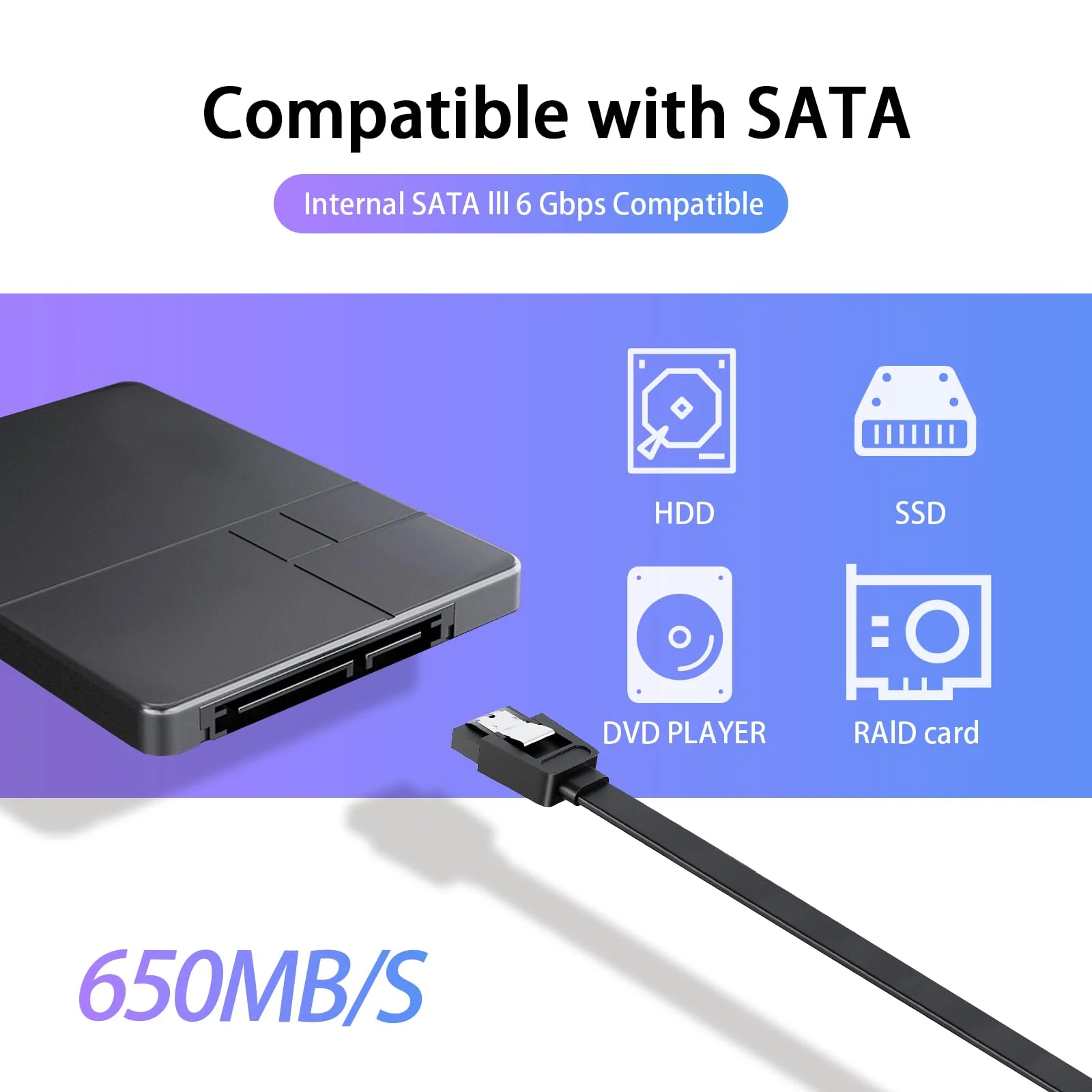 SATA Cable III for SSD HDD Data,3 PCS 6Gbps Straight Angle 15 Inch Sata Data Cable Sata 3 Cable Compatible for SATA Hard Drive CD Driver, CD Writer,Black - Image 3