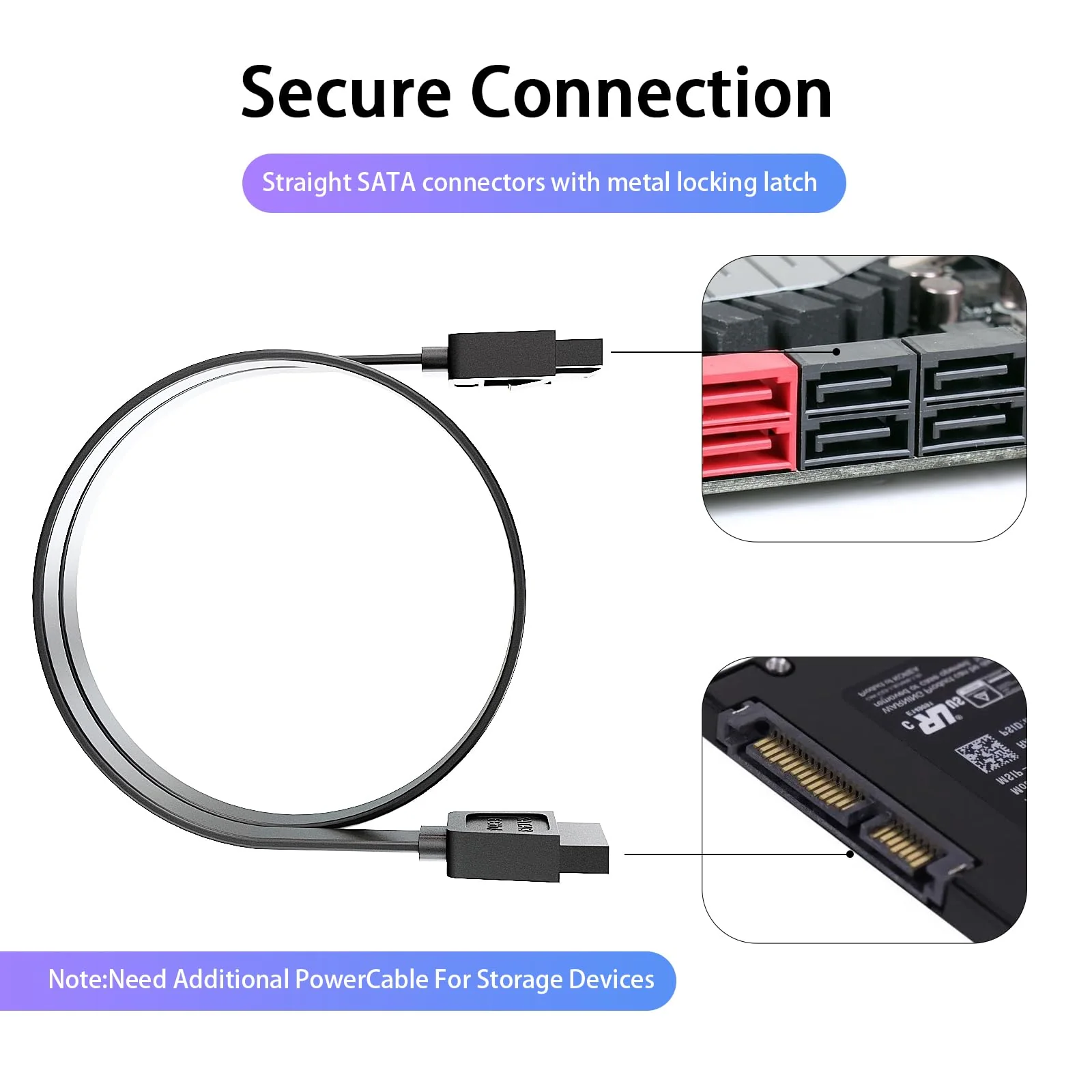 SATA Cable III for SSD HDD Data,3 PCS 6Gbps Straight Angle 15 Inch Sata Data Cable Sata 3 Cable Compatible for SATA Hard Drive CD Driver, CD Writer,Black - Image 7