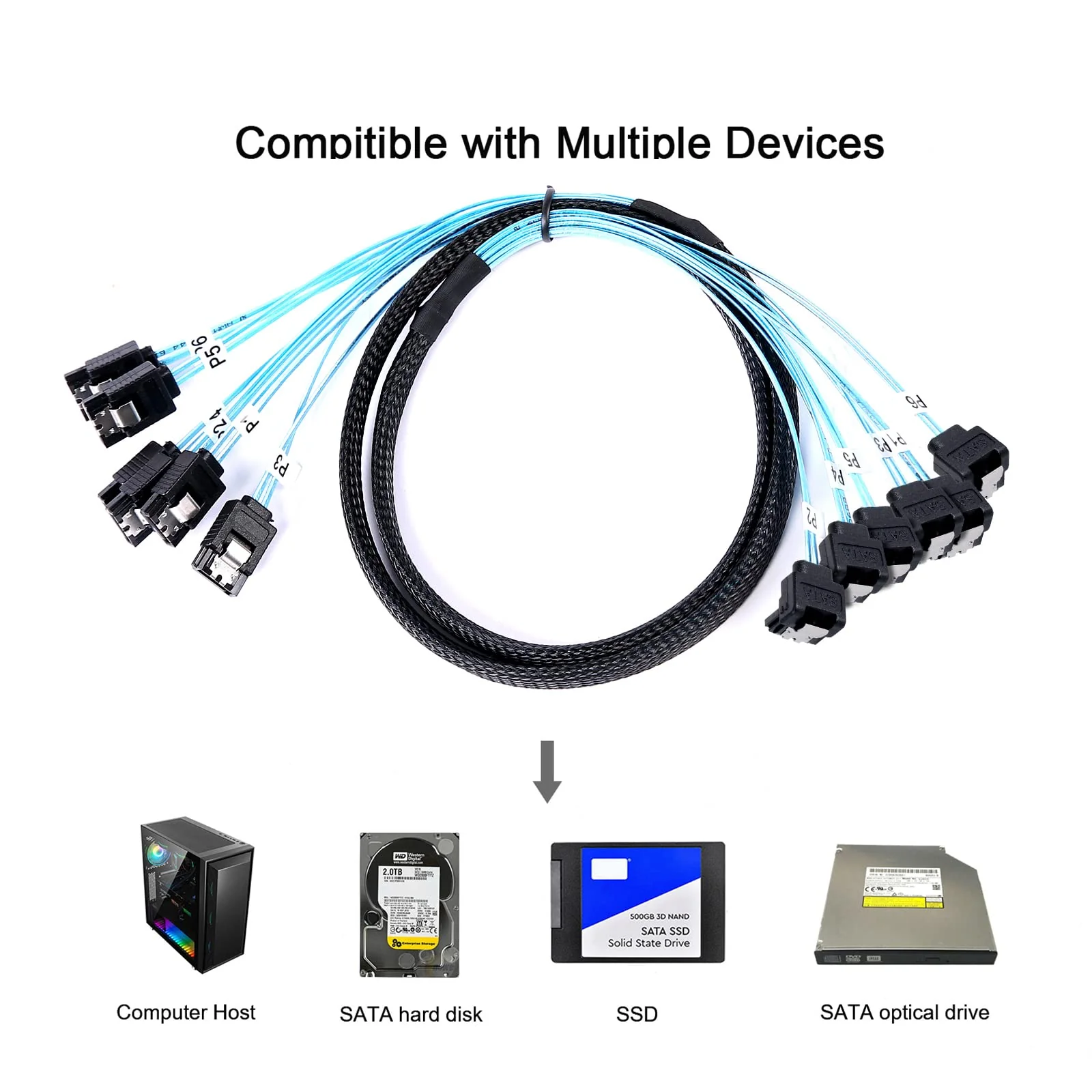SATA-III Cable:0.5M 6Pcs/Set-SATA Cable 90-Degree Right-Angle SATA-Data Cable SAS/SATA-6Gbps Cable for Server-Raid SDD HDD CD DVD Drives (1.6FT) 6 Pcs/set 0.5m - Image 7