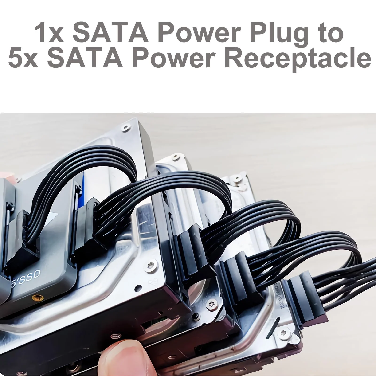 SATA Power Splitter Cable 19.7 in (500 mm) - 15 Pin SATA 1 Male to 5 Female Power Splitter Adapter Cable Powers up to 5 HDD, SSD, Optical Drives (1, Black) - Image 2