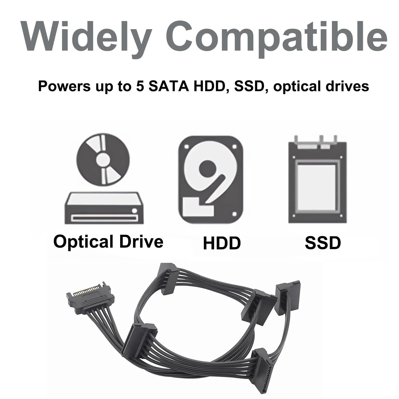 SATA Power Splitter Cable 19.7 in (500 mm) - 15 Pin SATA 1 Male to 5 Female Power Splitter Adapter Cable Powers up to 5 HDD, SSD, Optical Drives (1, Black) - Image 3