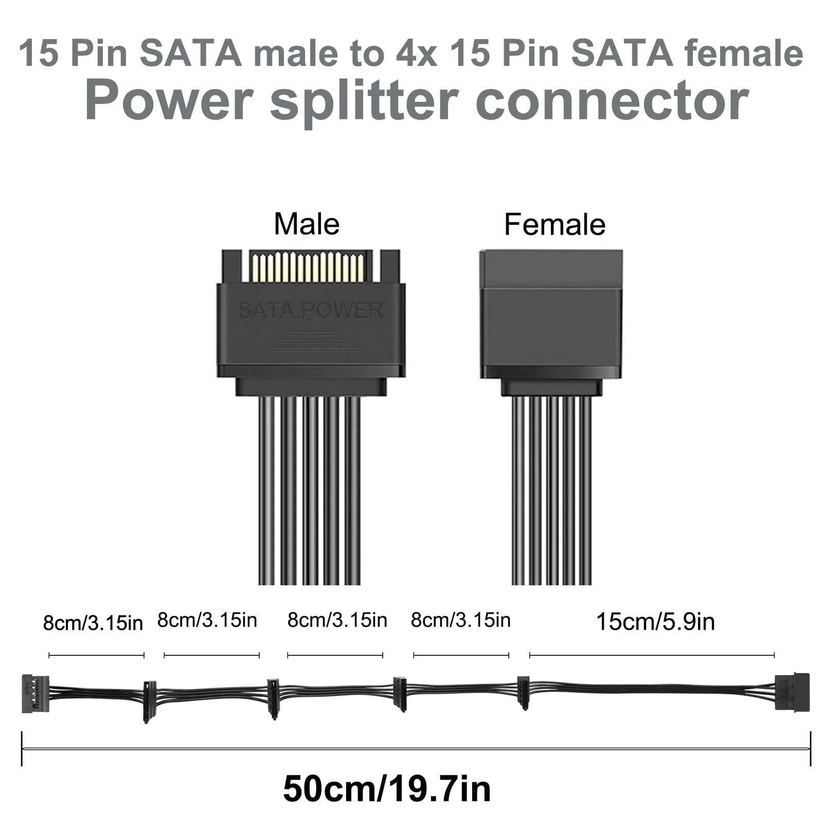 SATA Power Splitter Cable 19.7 in (500 mm) - 15 Pin SATA 1 Male to 5 Female Power Splitter Adapter Cable Powers up to 5 HDD, SSD, Optical Drives (1, Black) - Image 6
