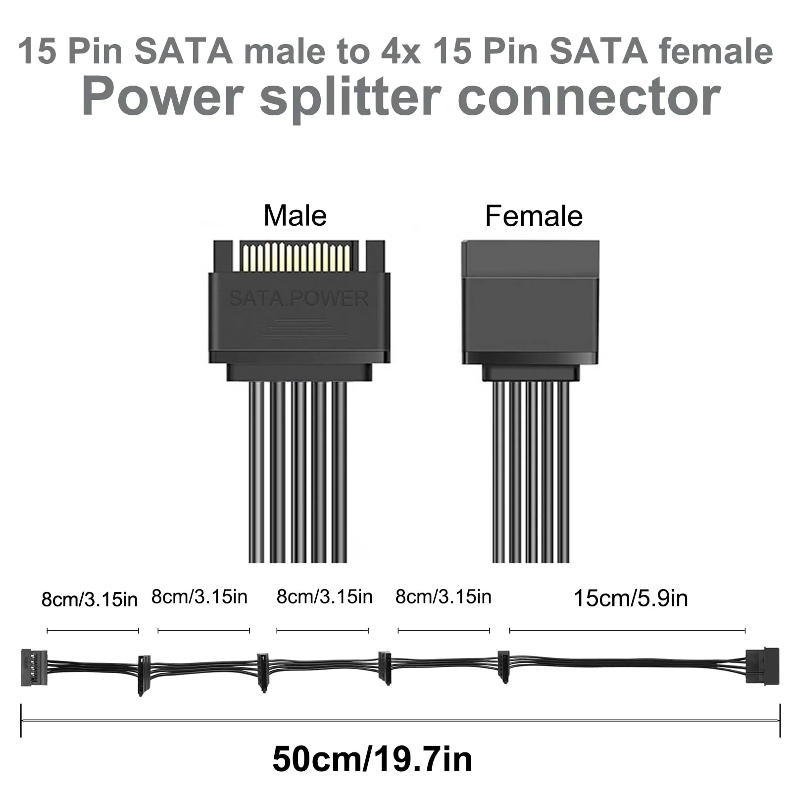 SATA Power Splitter Cable 19.7 in (500 mm) - 15 Pin SATA 1 Male to 5 Female Power Splitter Adapter Cable Powers up to 5 HDD, SSD, Optical Drives (1, Black) - Image 8
