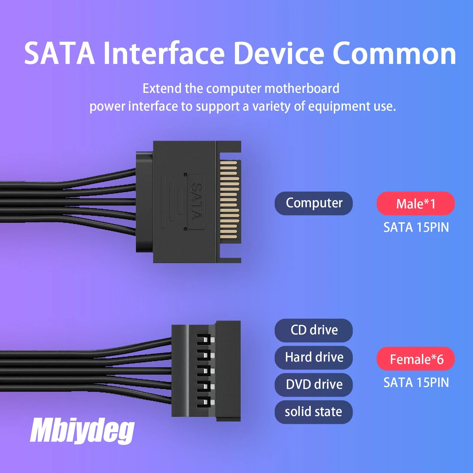 sata Power Splitter Cable 6 Way, 15 Pin SATA to 6 SATA Power Cable for HDD、SSD、Optical Drives, sata Cables, sata Power Connector Supply Extension Cable, Black - Image 2